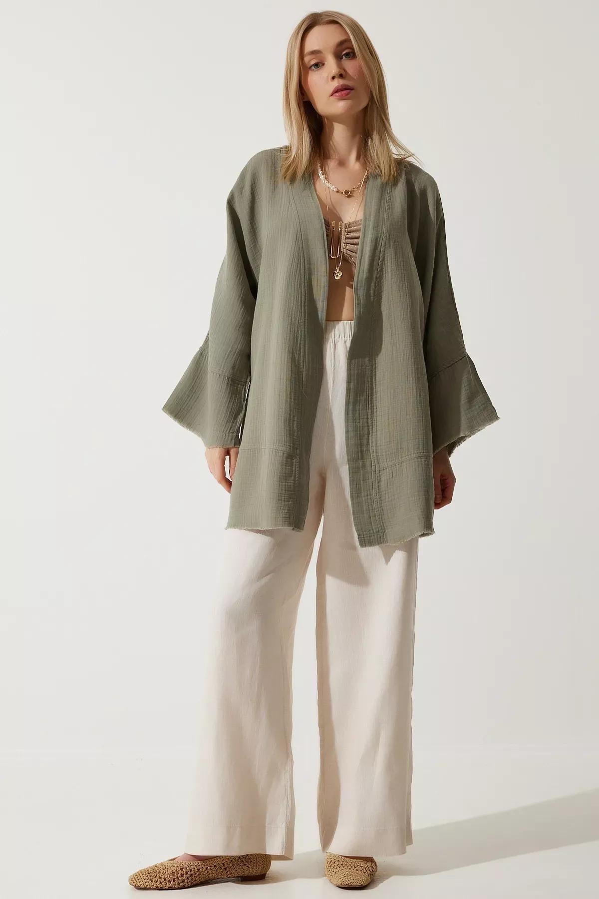 Green Floral Muslin Kimono, Khaki, large image number 3