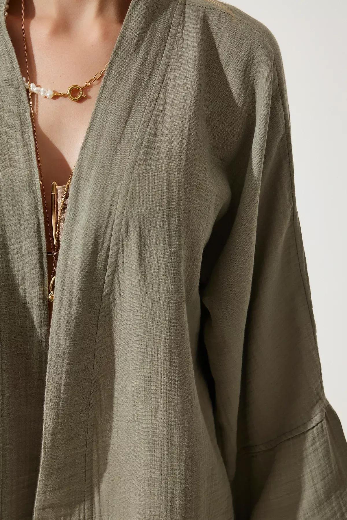 Green Floral Muslin Kimono, Khaki, large image number 4