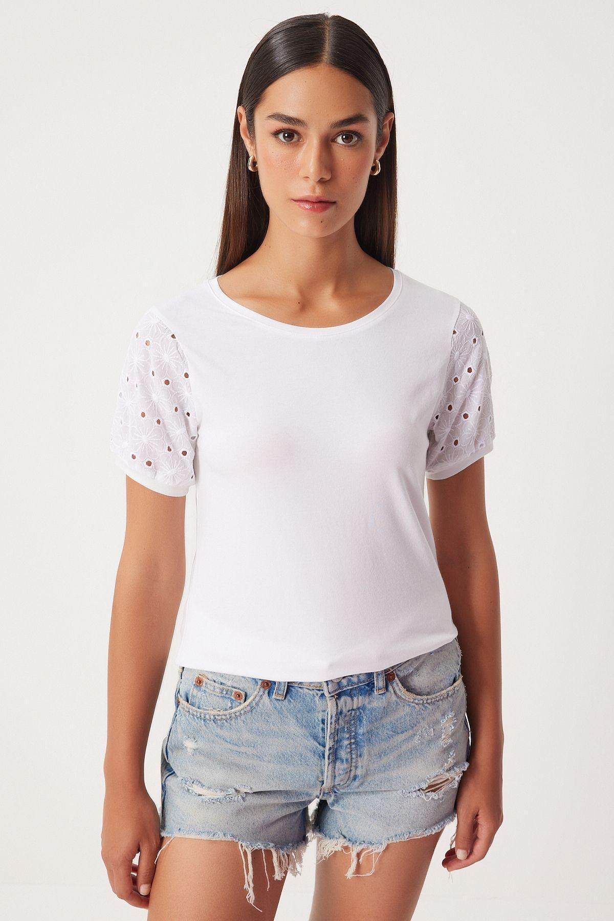 Beige Guipure Sleeved Knitted T-Shirt, Ecru, large image number 0
