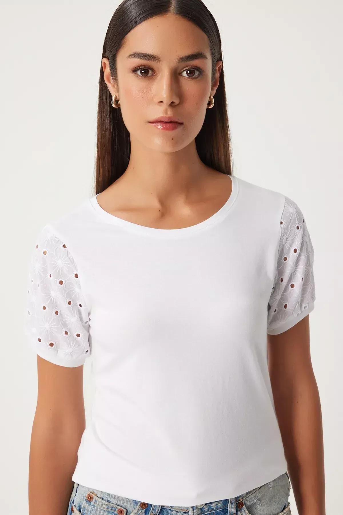 Beige Guipure Sleeved Knitted T-Shirt, Ecru, large image number 1