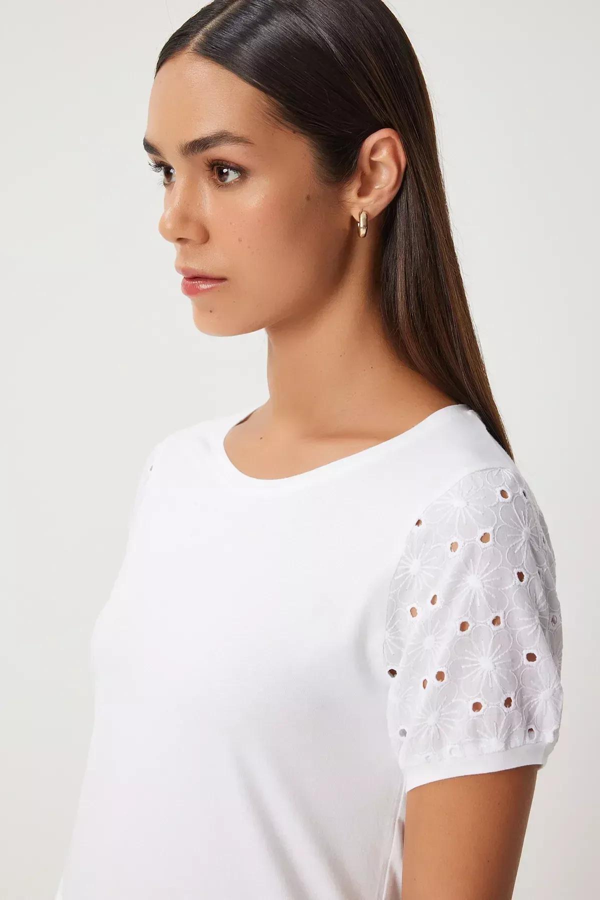 Beige Guipure Sleeved Knitted T-Shirt, Ecru, large image number 2