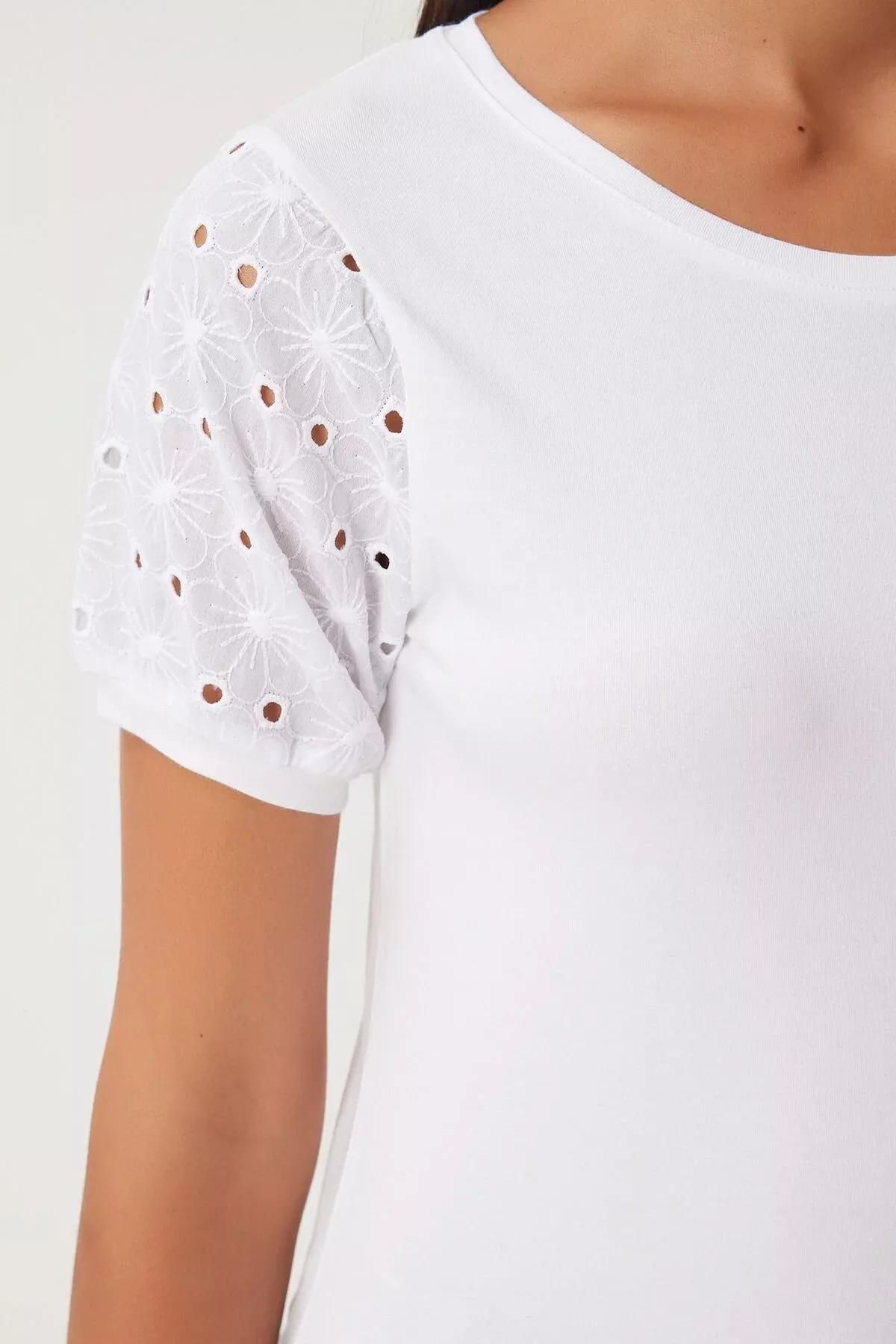 Beige Guipure Sleeved Knitted T-Shirt, Ecru, large image number 3