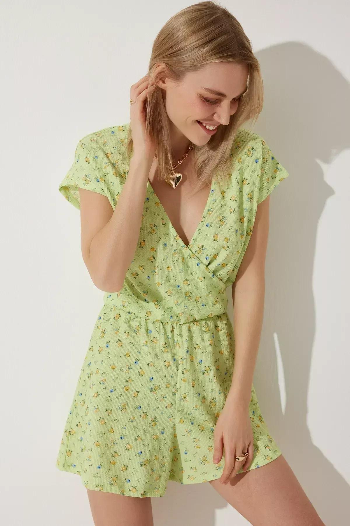 Green Floral Mini Knitted Jumpsuit, Light green, large image number 1