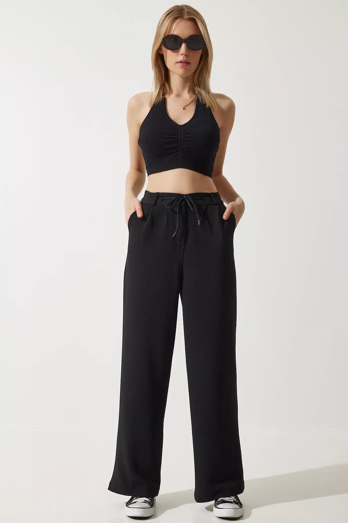 Womens Black Wide Leg Sweatpants RV00193, single, BLACK, large image number 0