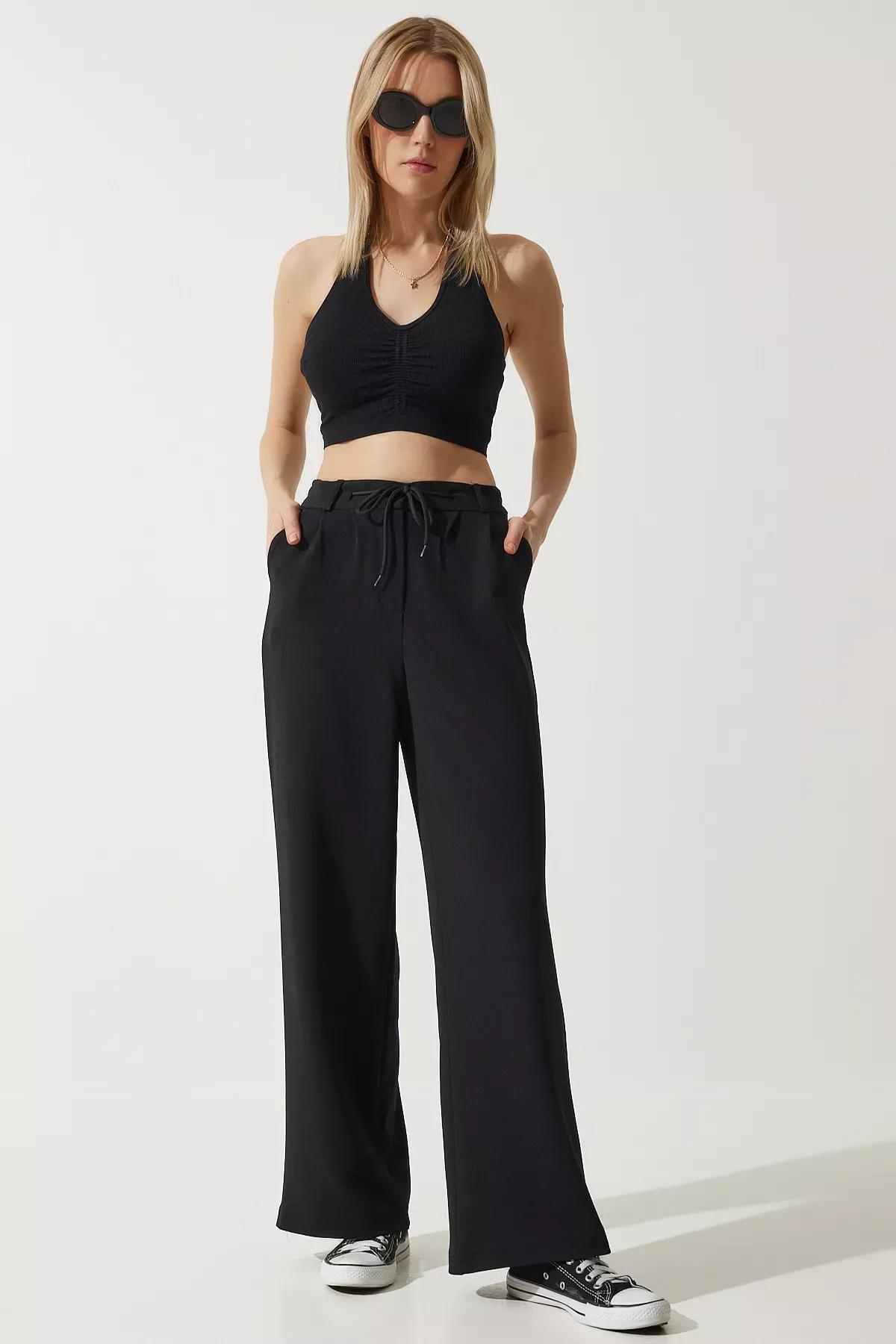 Womens Black Wide Leg Sweatpants RV00193, single, BLACK, large image number 1