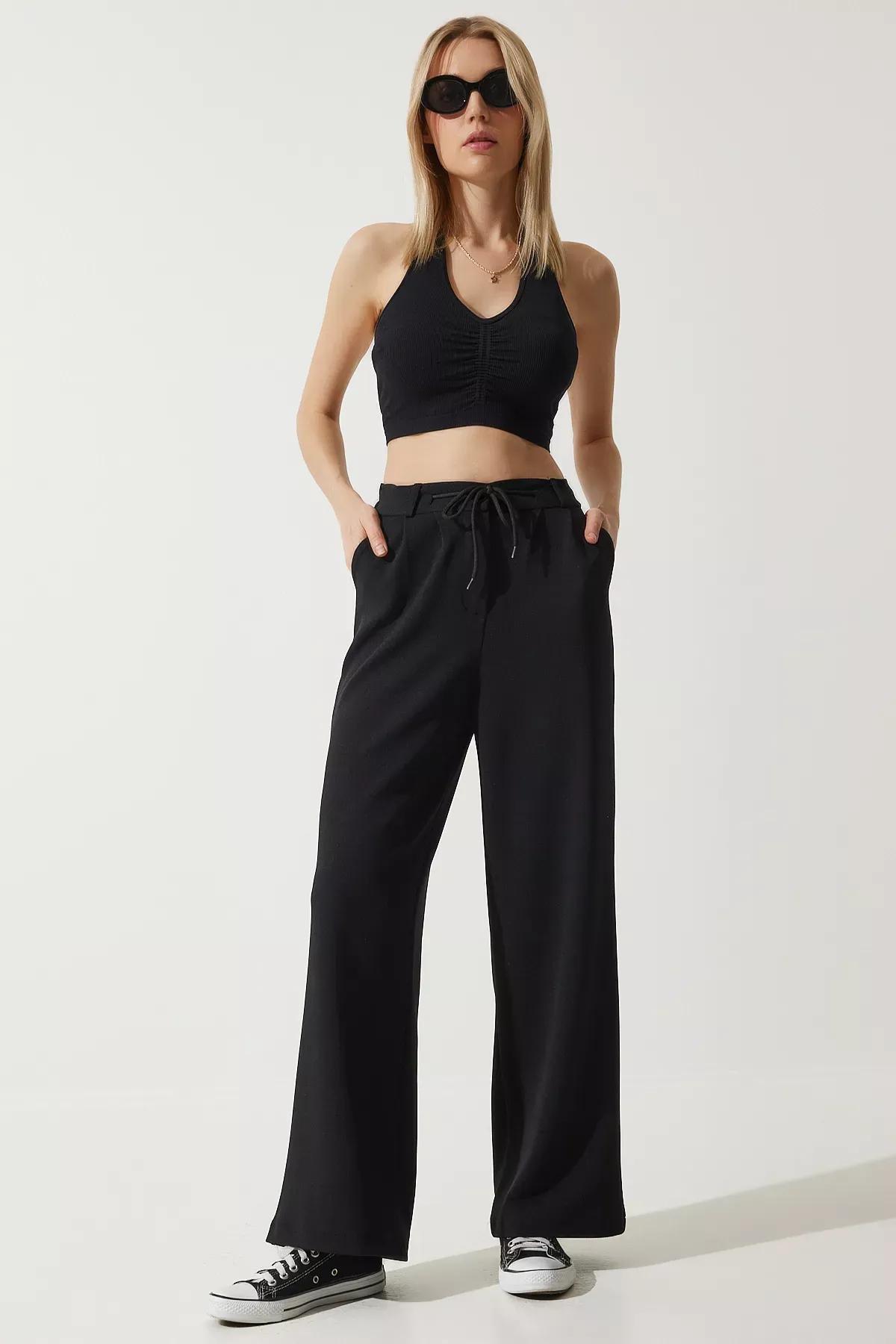 Womens Black Wide Leg Sweatpants RV00193, single, BLACK, large image number 2