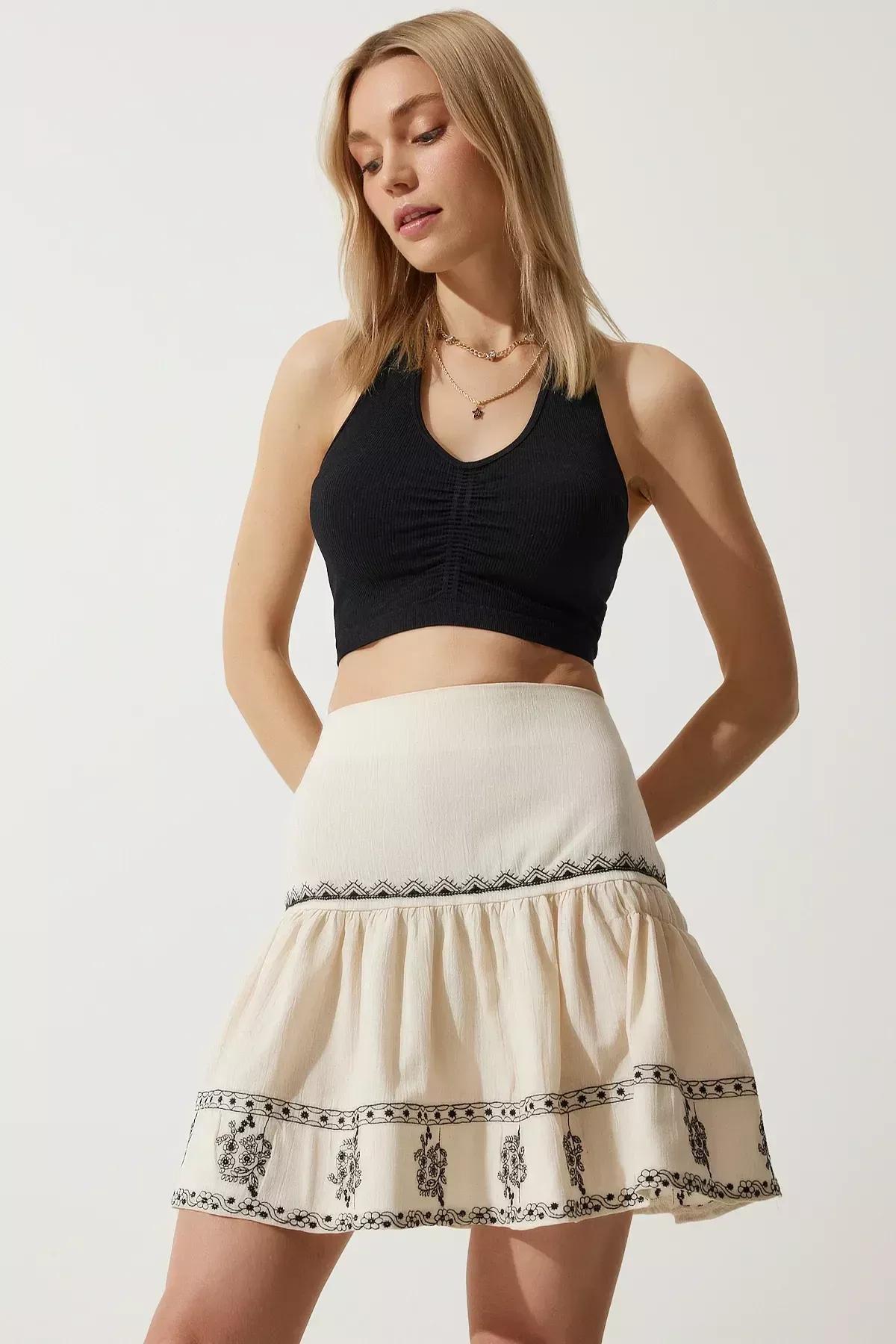 Cream Embroidered Raw Linen FlaRed Skirt, , large image number 1