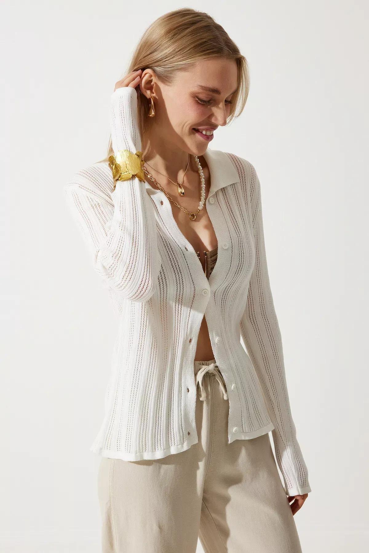 White Polo Collar Curved Knitted Cardigan, Bone, large image number 3