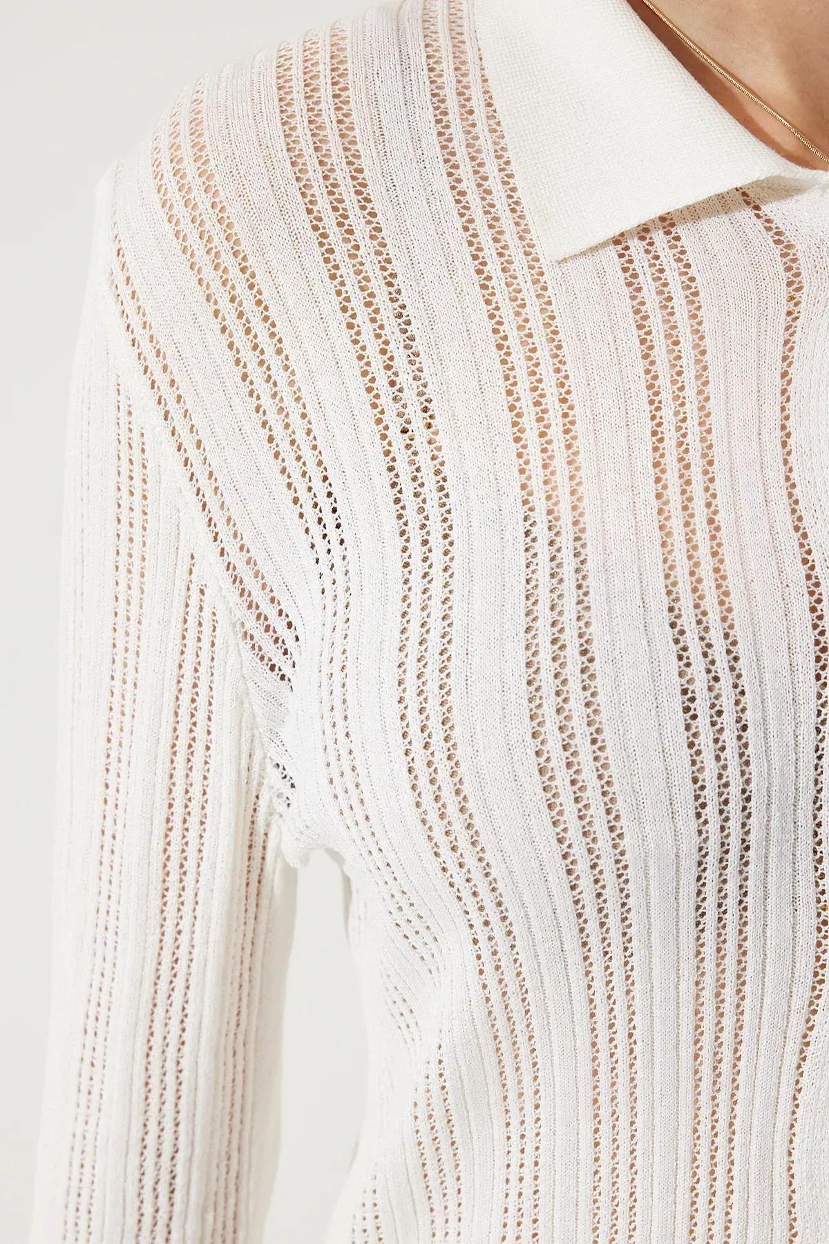 White Polo Collar Curved Knitted Cardigan, Bone, large image number 4