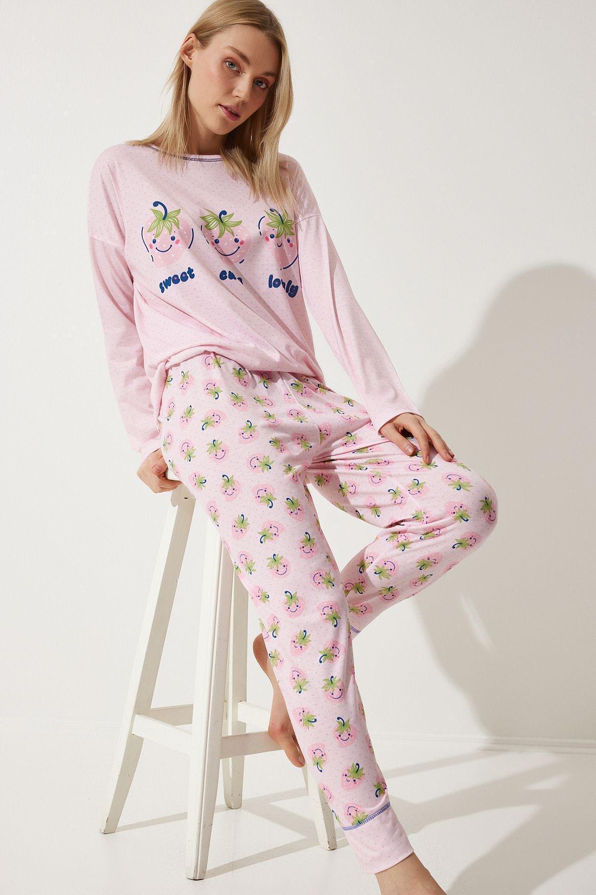 Womens Pink Long Sleeve Top Pants Knitted Pajamas Set TK00093, 2s, Pink, large image number 0