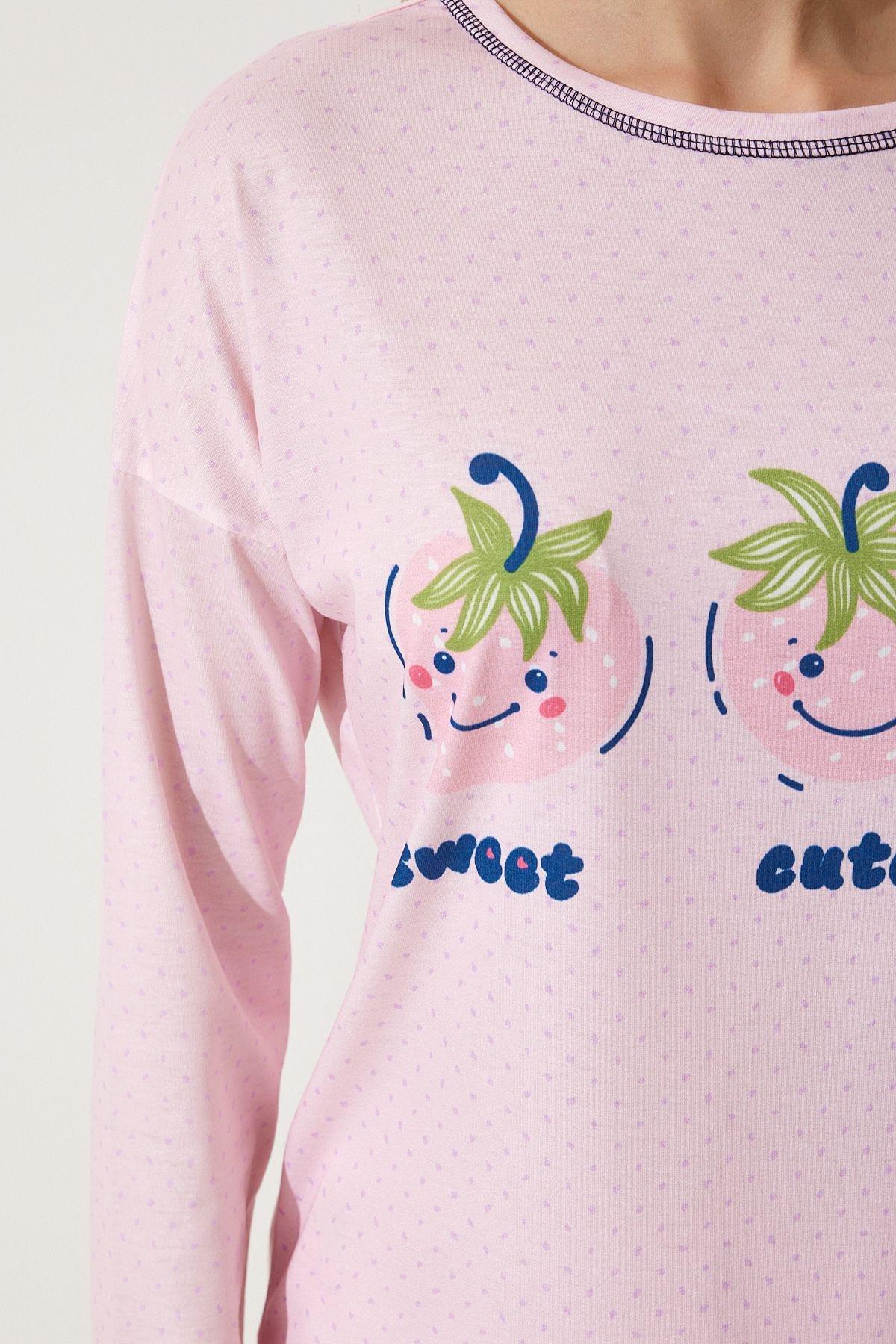 Womens Pink Long Sleeve Top Pants Knitted Pajamas Set TK00093, 2s, Pink, large image number 1