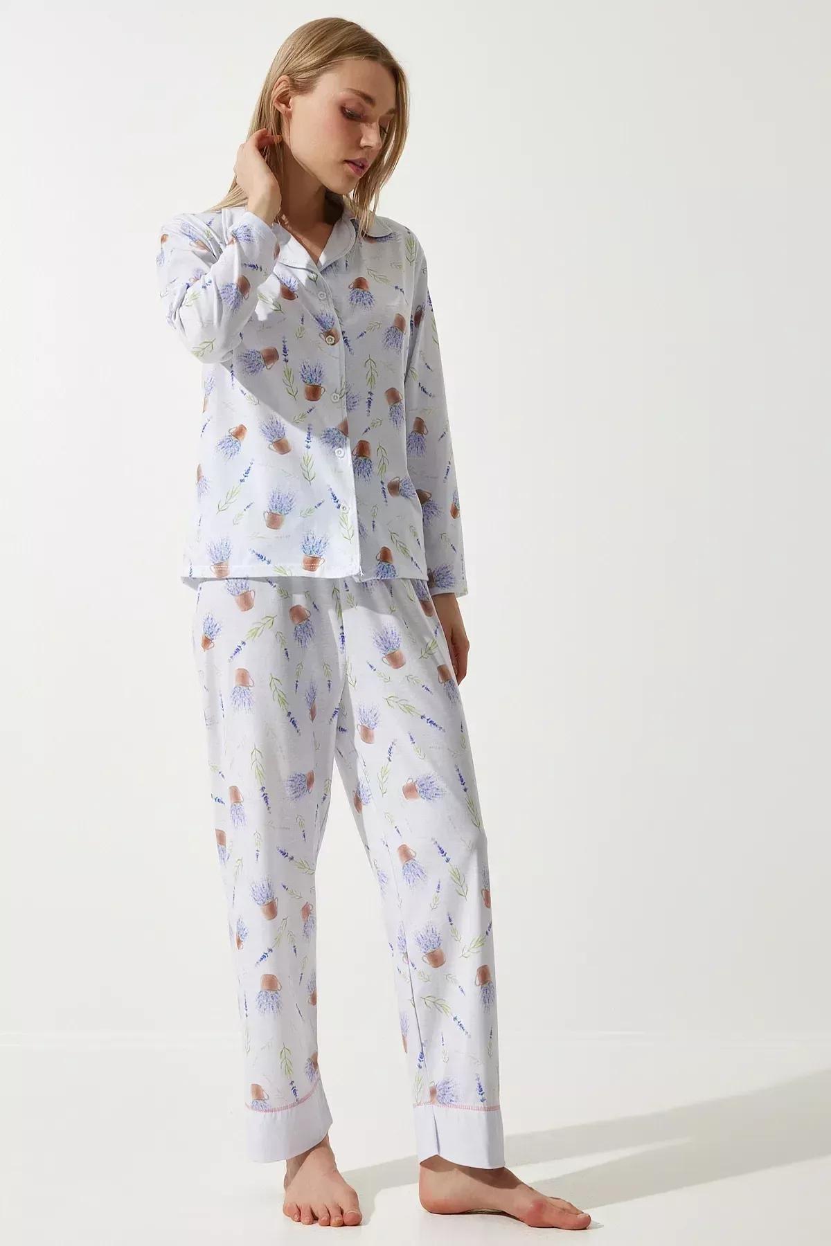 Womens Lilac Patterned Shirt-Pants Knitted Pajama Set TK00092, 2s, Lilac, large image number 1