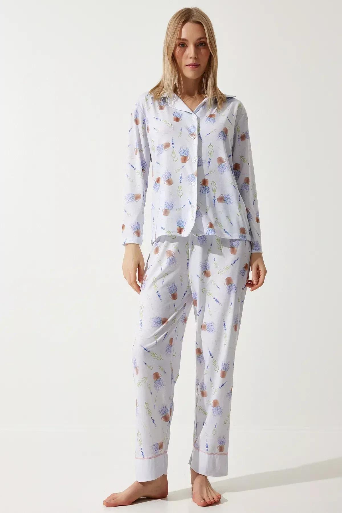 Womens Lilac Patterned Shirt-Pants Knitted Pajama Set TK00092, 2s, Lilac, large image number 2