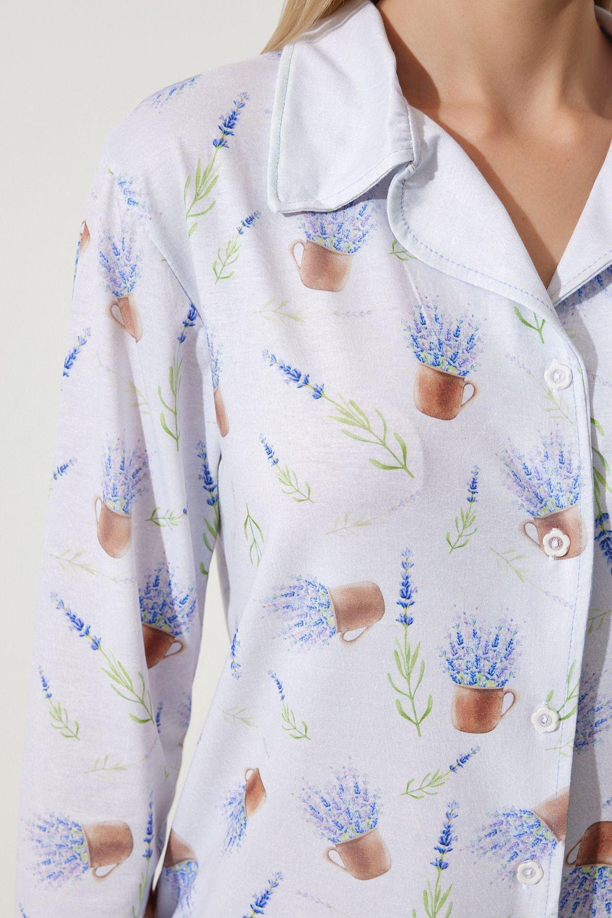 Womens Lilac Patterned Shirt-Pants Knitted Pajama Set TK00092, 2s, Lilac, large image number 3