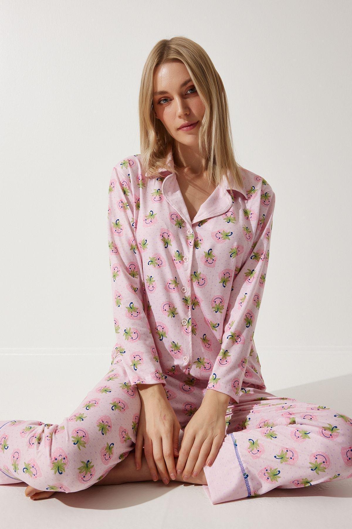 Womens Pink Patterned Shirt-Pants Knitted Pajama Set TK00092, 2s, Pink, large image number 1