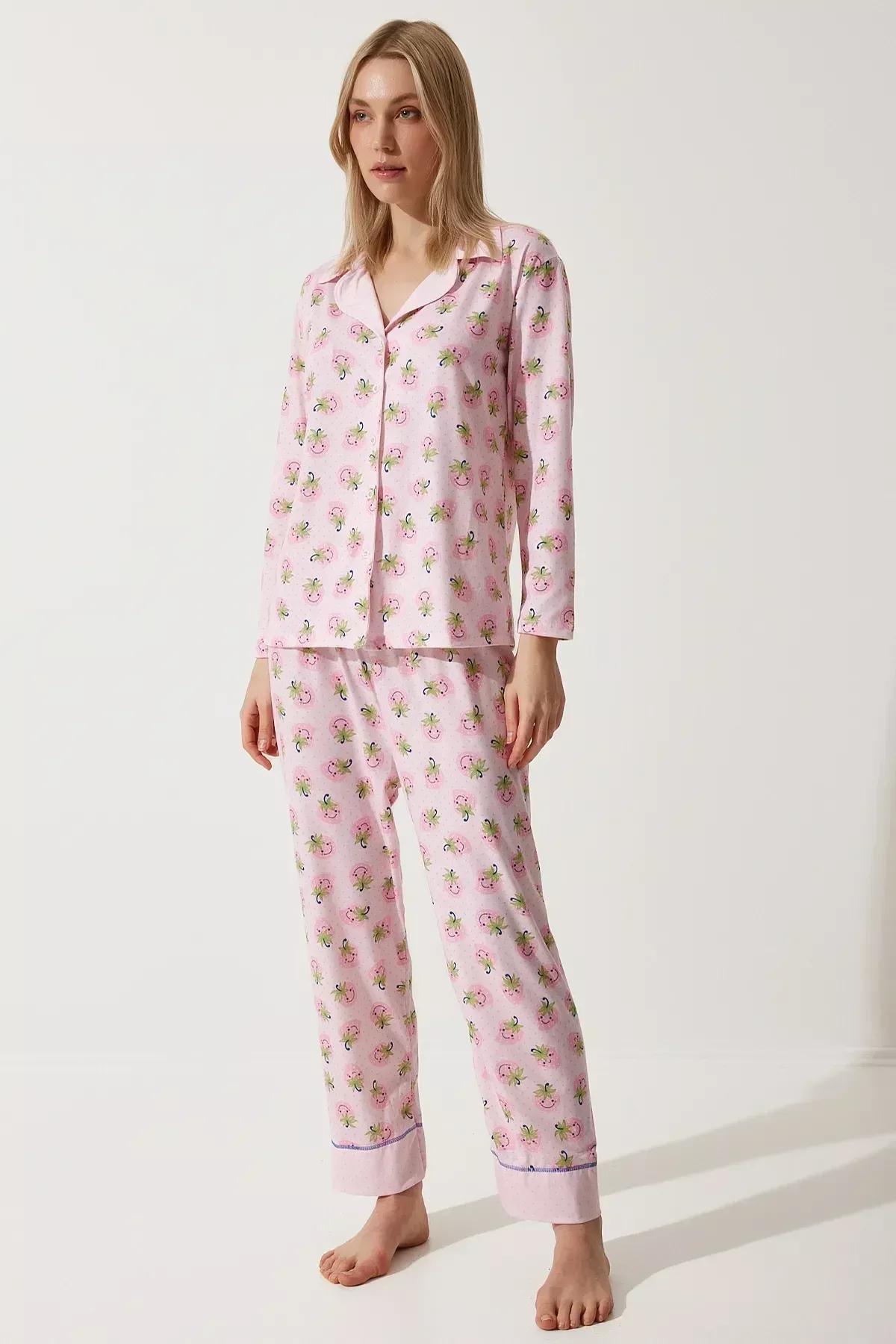 Womens Pink Patterned Shirt-Pants Knitted Pajama Set TK00092, 2s, Pink, large image number 2