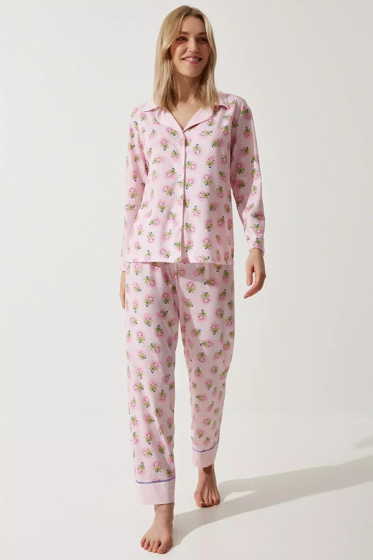 Womens Pink Patterned Shirt-Pants Knitted Pajama Set TK00092, 2s, Pink, large image number 3