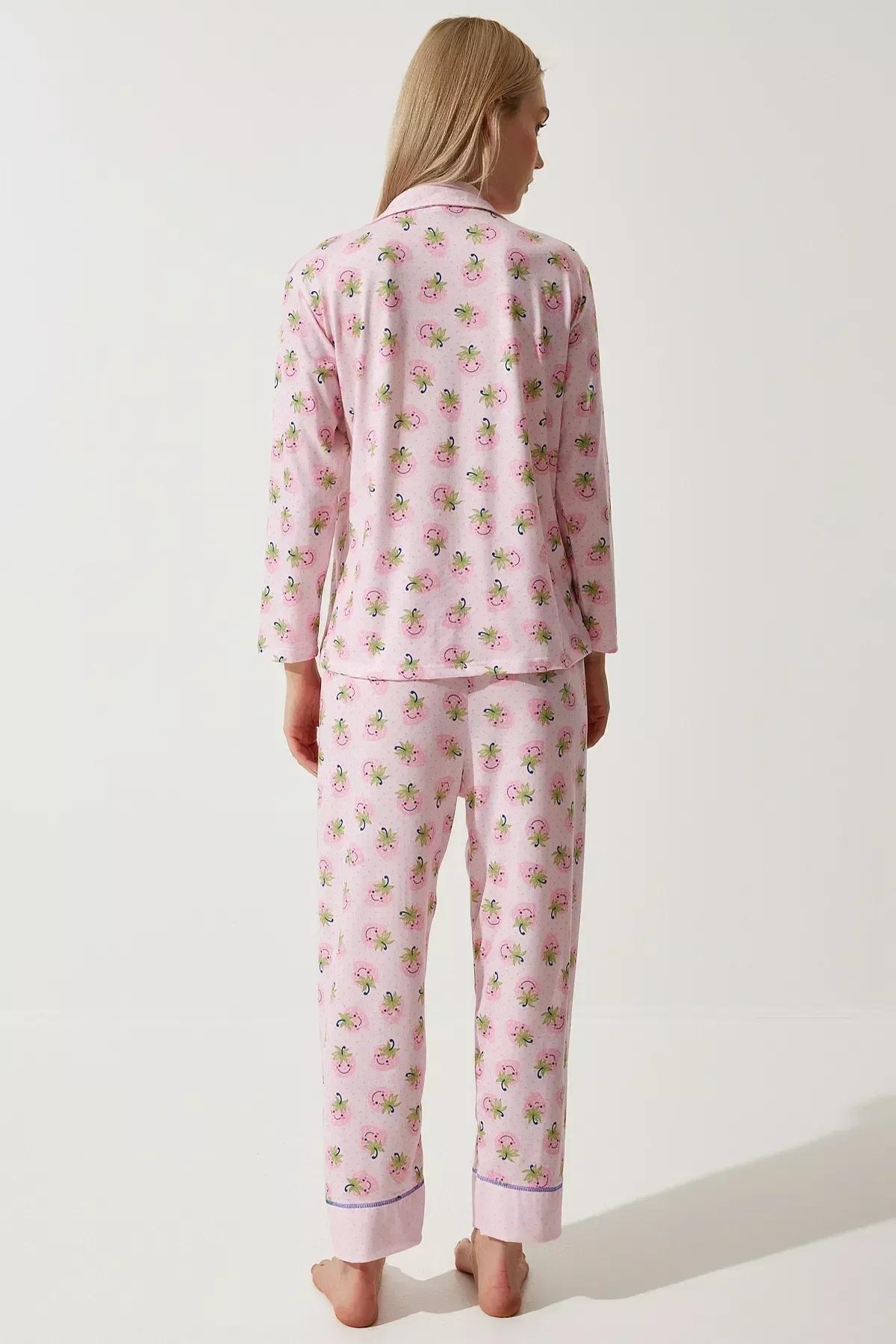 Womens Pink Patterned Shirt-Pants Knitted Pajama Set TK00092, 2s, Pink, large image number 5