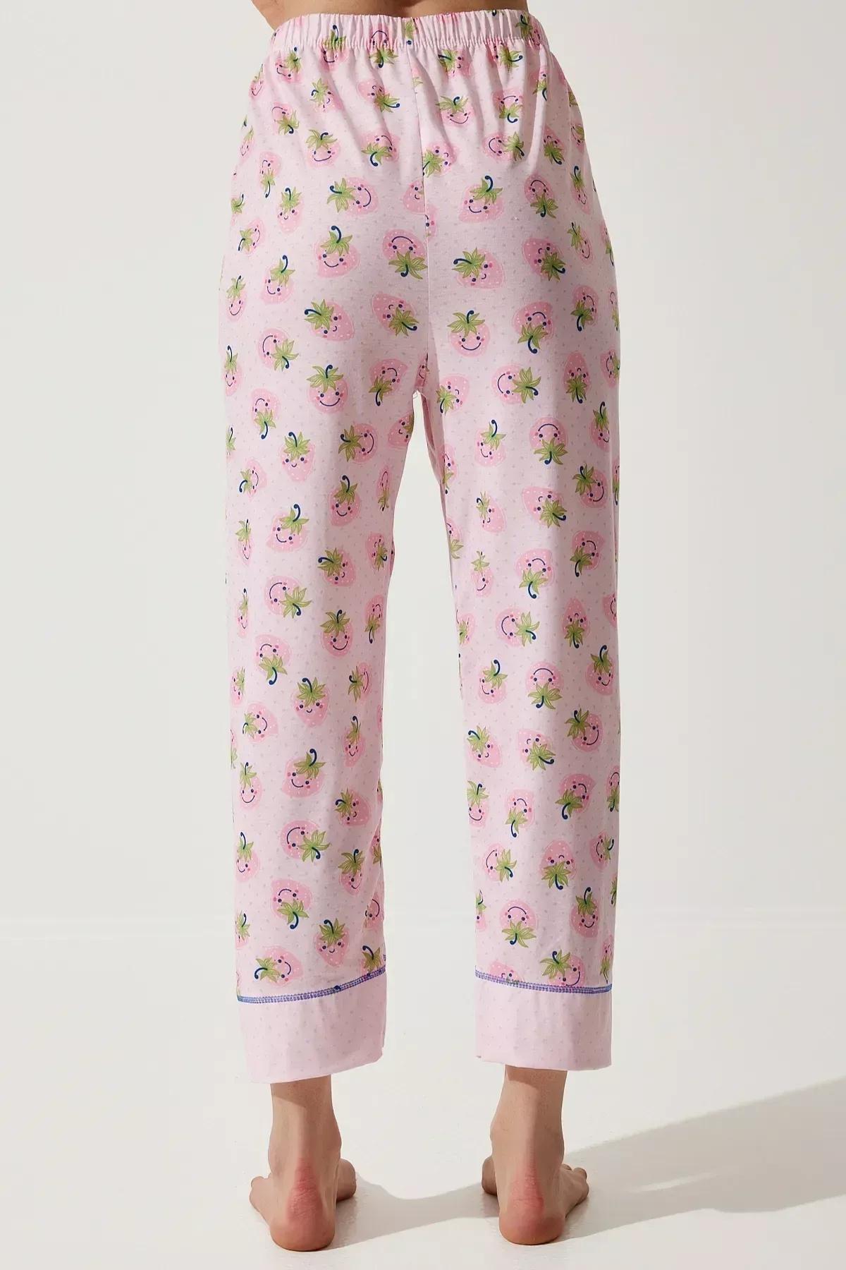 Womens Pink Patterned Shirt-Pants Knitted Pajama Set TK00092, 2s, Pink, large image number 6