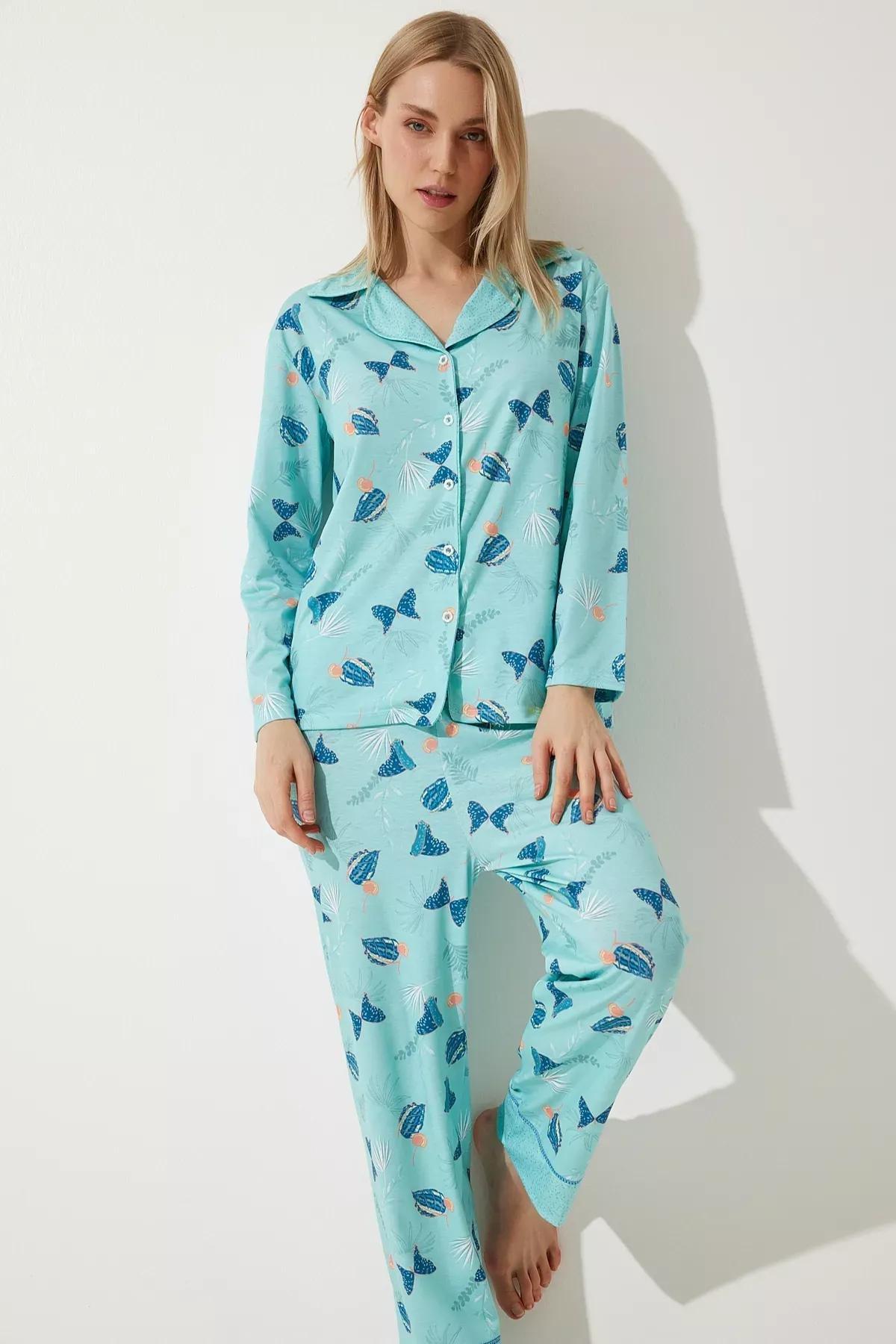 Womens Aqua Green Patterned Shirt-Pants Knitted Pajama Set TK00092, 2s, , large image number 0