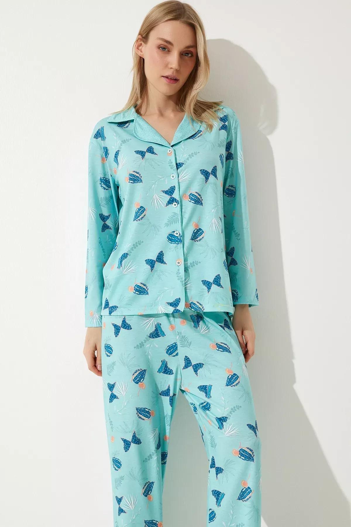 Womens Aqua Green Patterned Shirt-Pants Knitted Pajama Set TK00092, 2s, , large image number 1