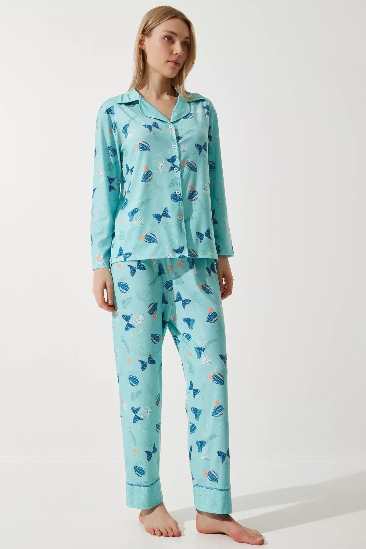 Womens Aqua Green Patterned Shirt-Pants Knitted Pajama Set TK00092, 2s, , large image number 2