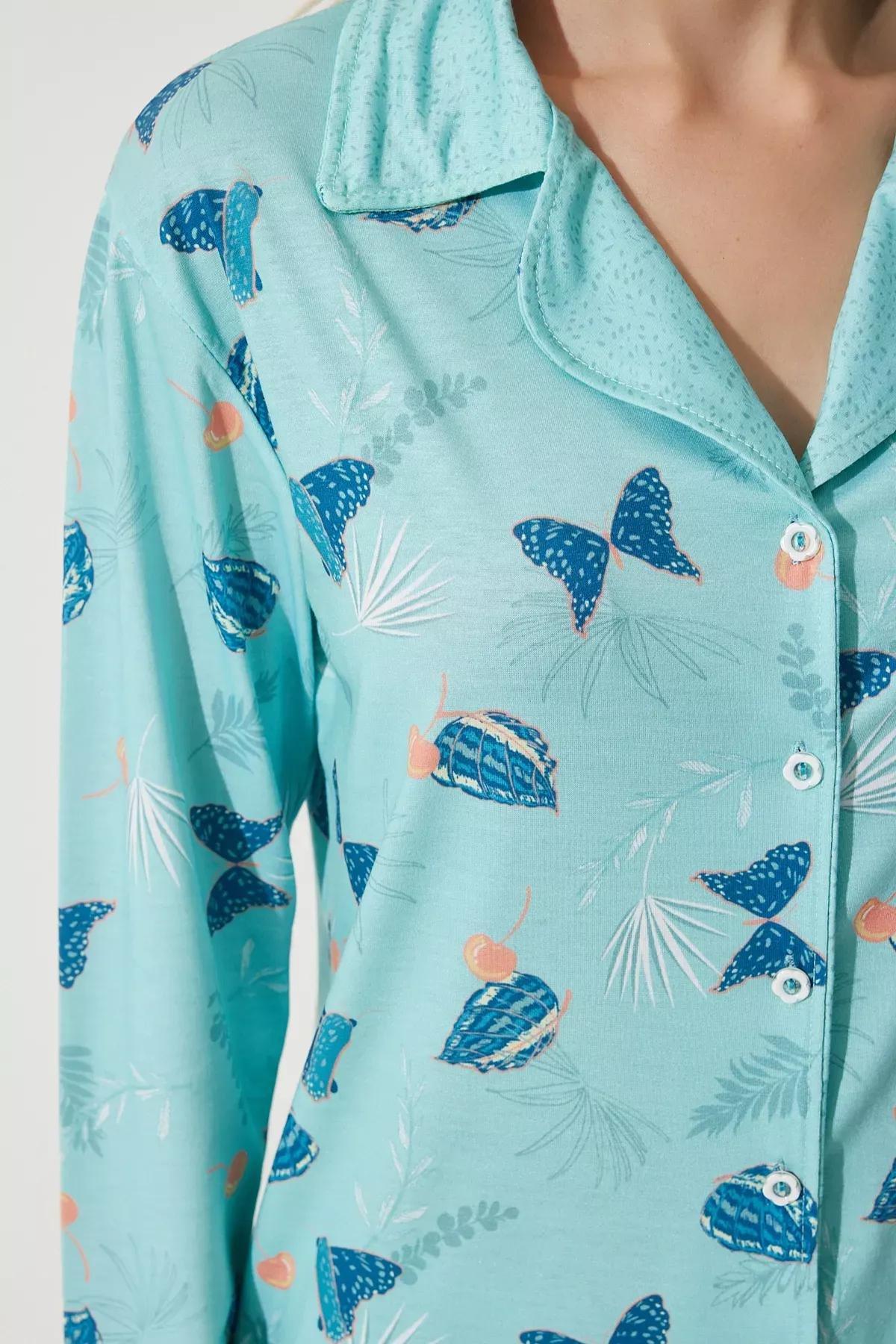 Womens Aqua Green Patterned Shirt-Pants Knitted Pajama Set TK00092, 2s, , large image number 3