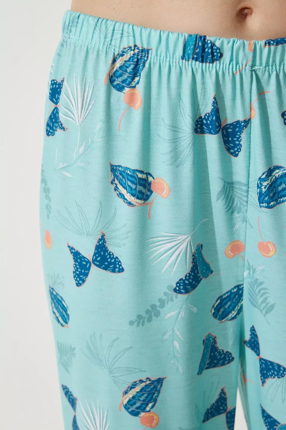 Womens Aqua Green Patterned Shirt-Pants Knitted Pajama Set TK00092, 2s, , large image number 4