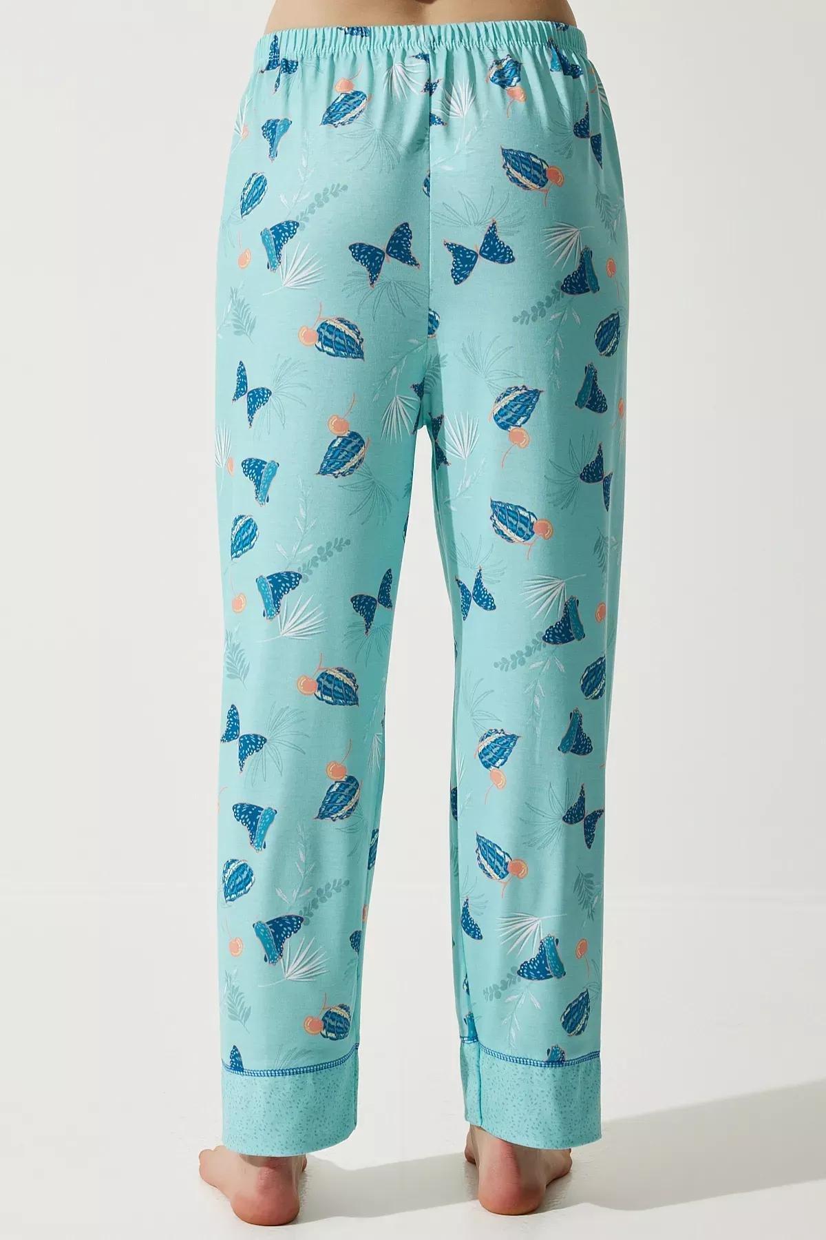 Womens Aqua Green Patterned Shirt-Pants Knitted Pajama Set TK00092, 2s, , large image number 5