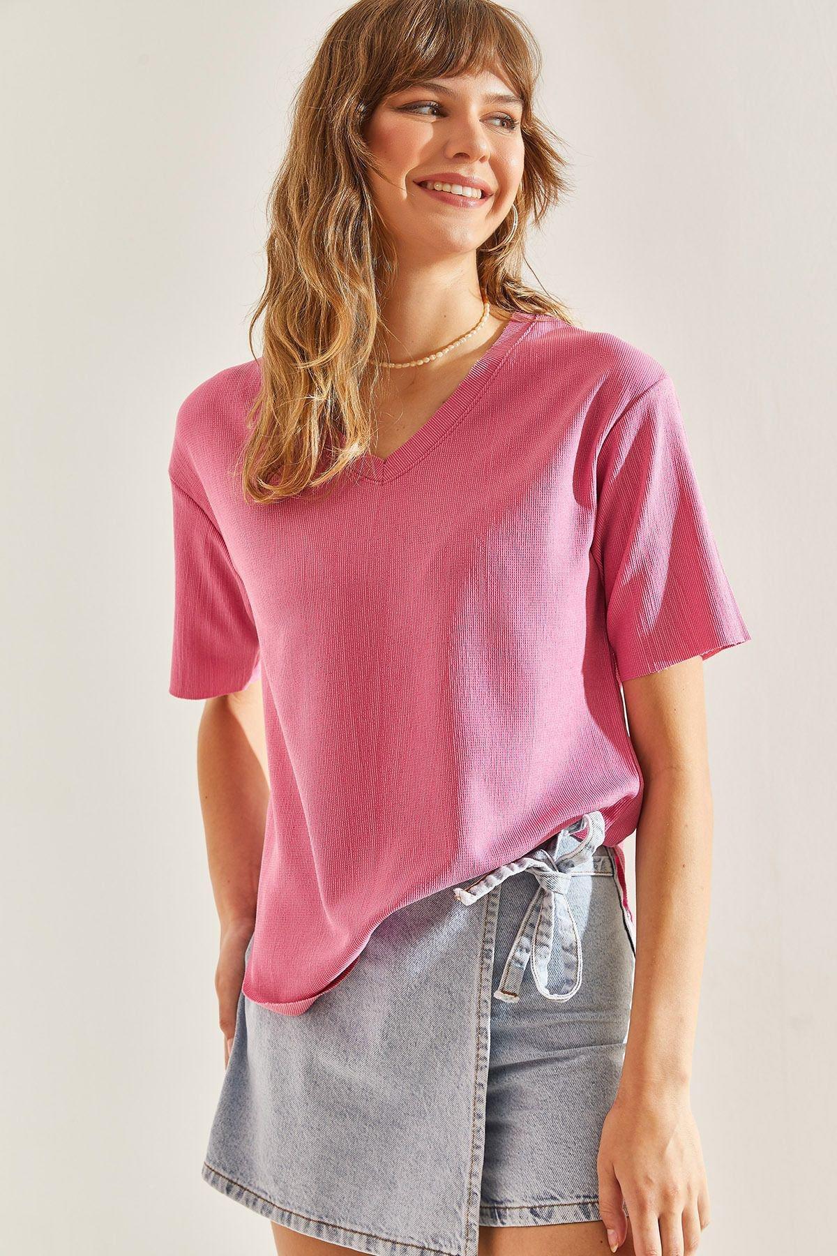 Pink V-Neck Wrinkled Fabric Blouse, , large image number 0