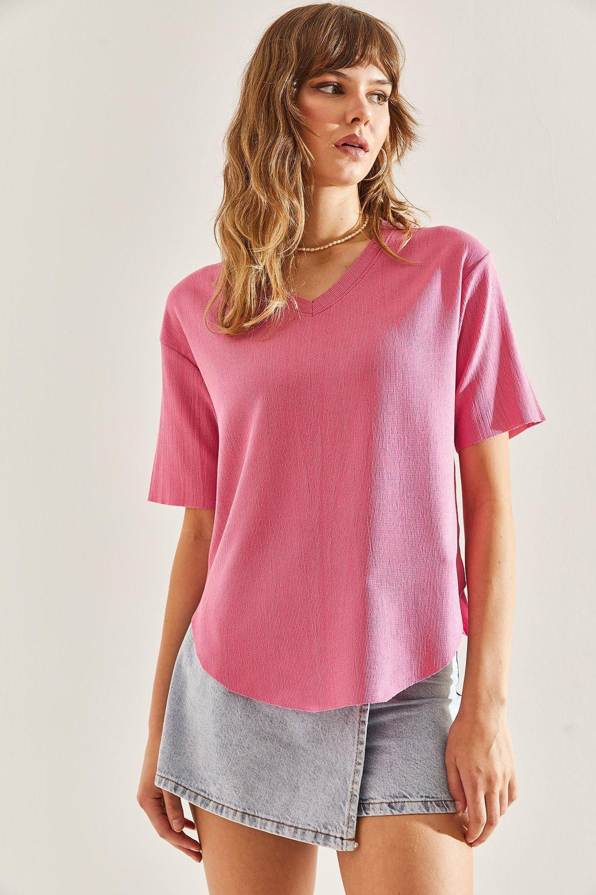 Pink V-Neck Wrinkled Fabric Blouse, , large image number 1