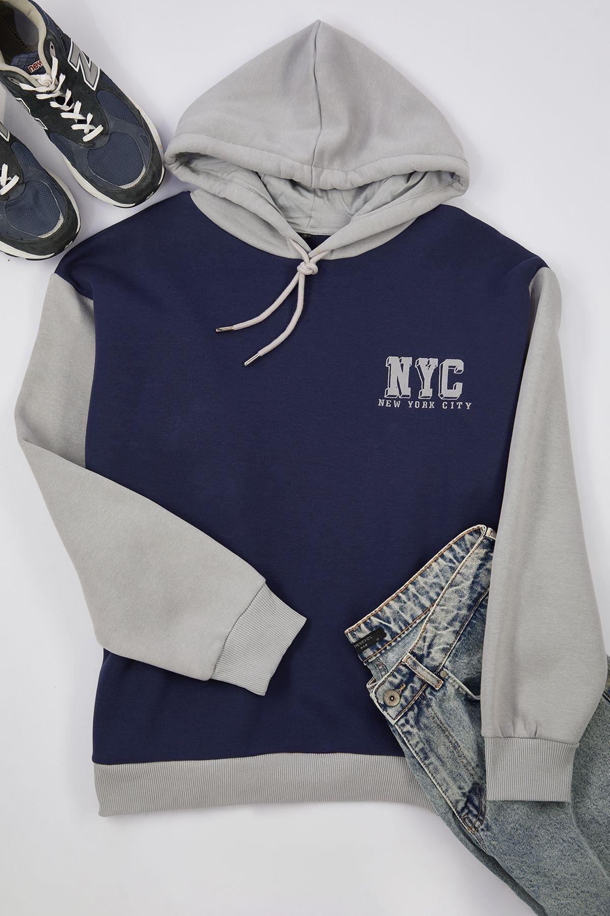 Navy Blue block Casual Hoodie, , medium