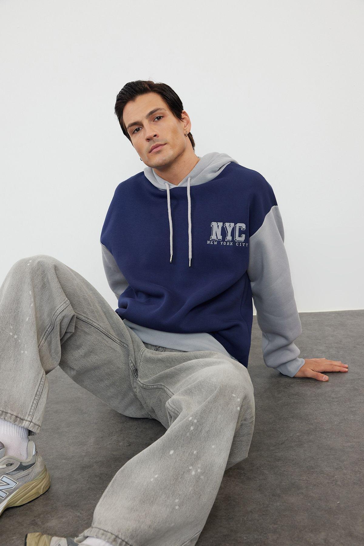 Navy Blue block Casual Hoodie, , large image number 1