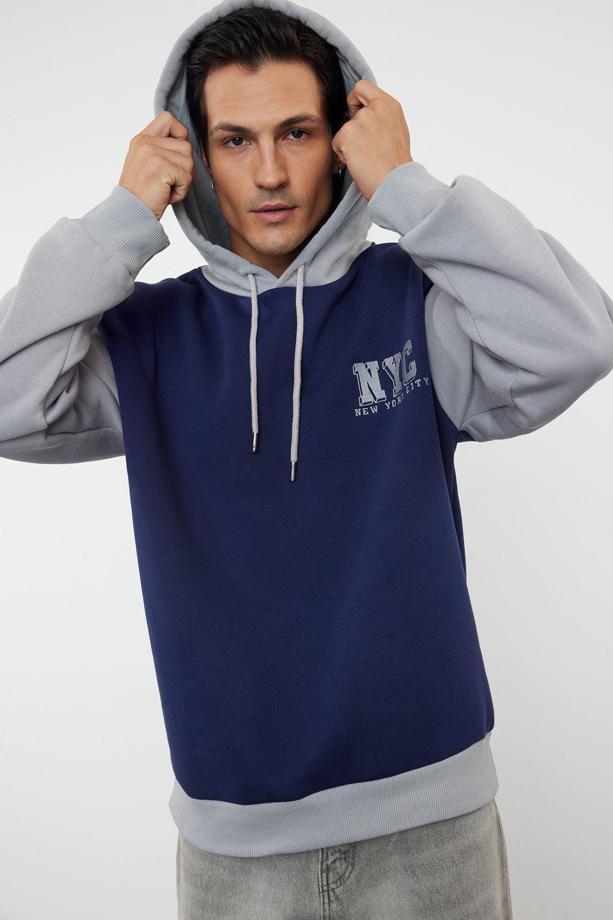 Navy Blue block Casual Hoodie, , large image number 2