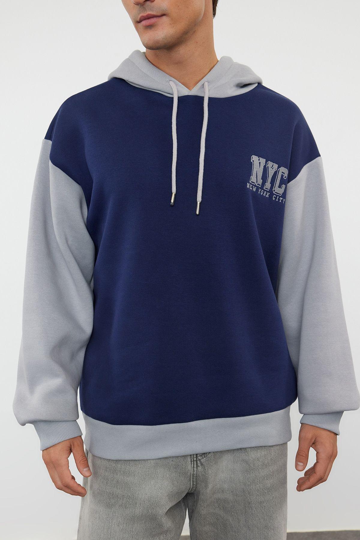 Navy Blue block Casual Hoodie, , large image number 3