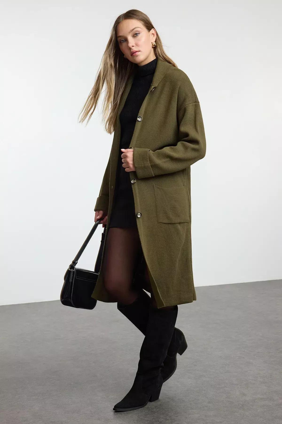 Green Wide Cut Maxi Coat Knitwear Cardigan, Khaki, large image number 0