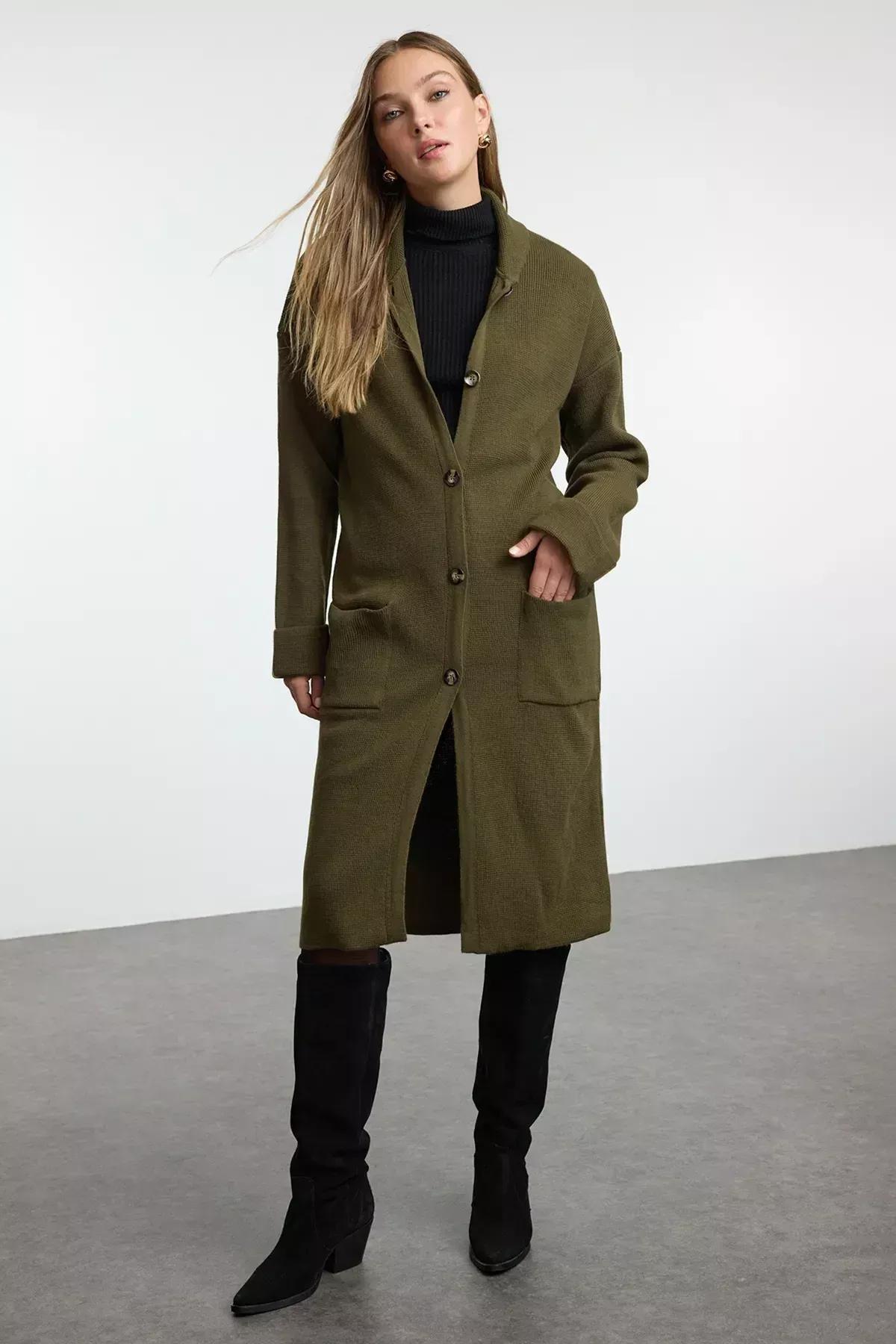 Green Wide Cut Maxi Coat Knitwear Cardigan, Khaki, large image number 1