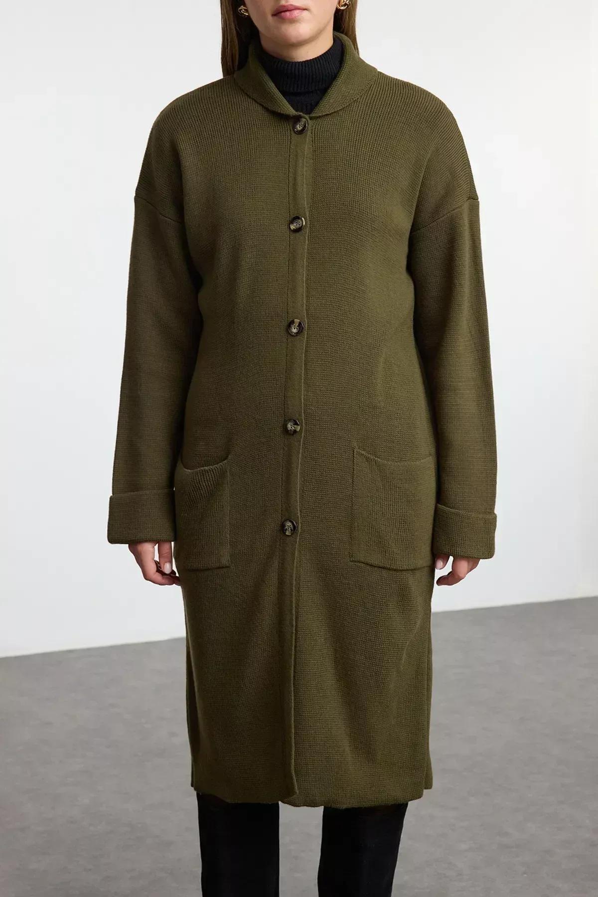 Green Wide Cut Maxi Coat Knitwear Cardigan, Khaki, large image number 2
