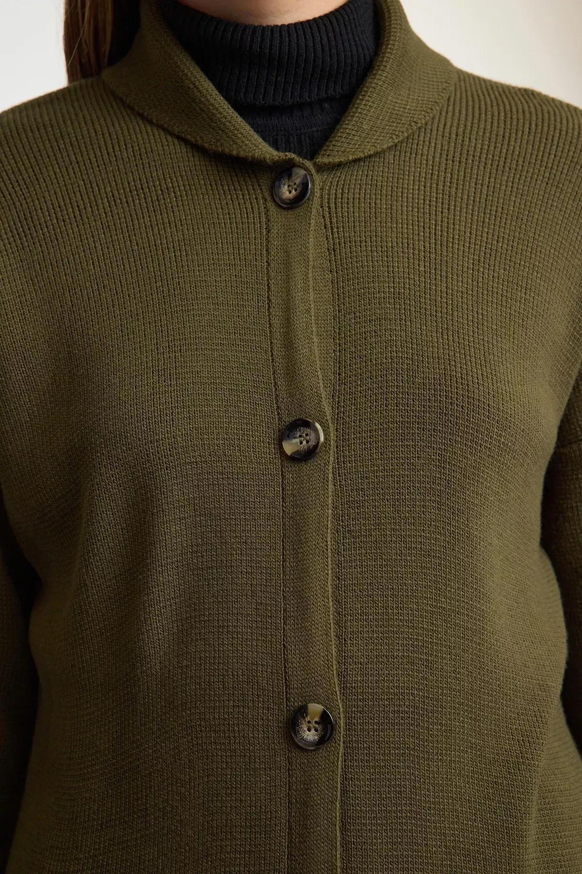 Green Wide Cut Maxi Coat Knitwear Cardigan, Khaki, large image number 3