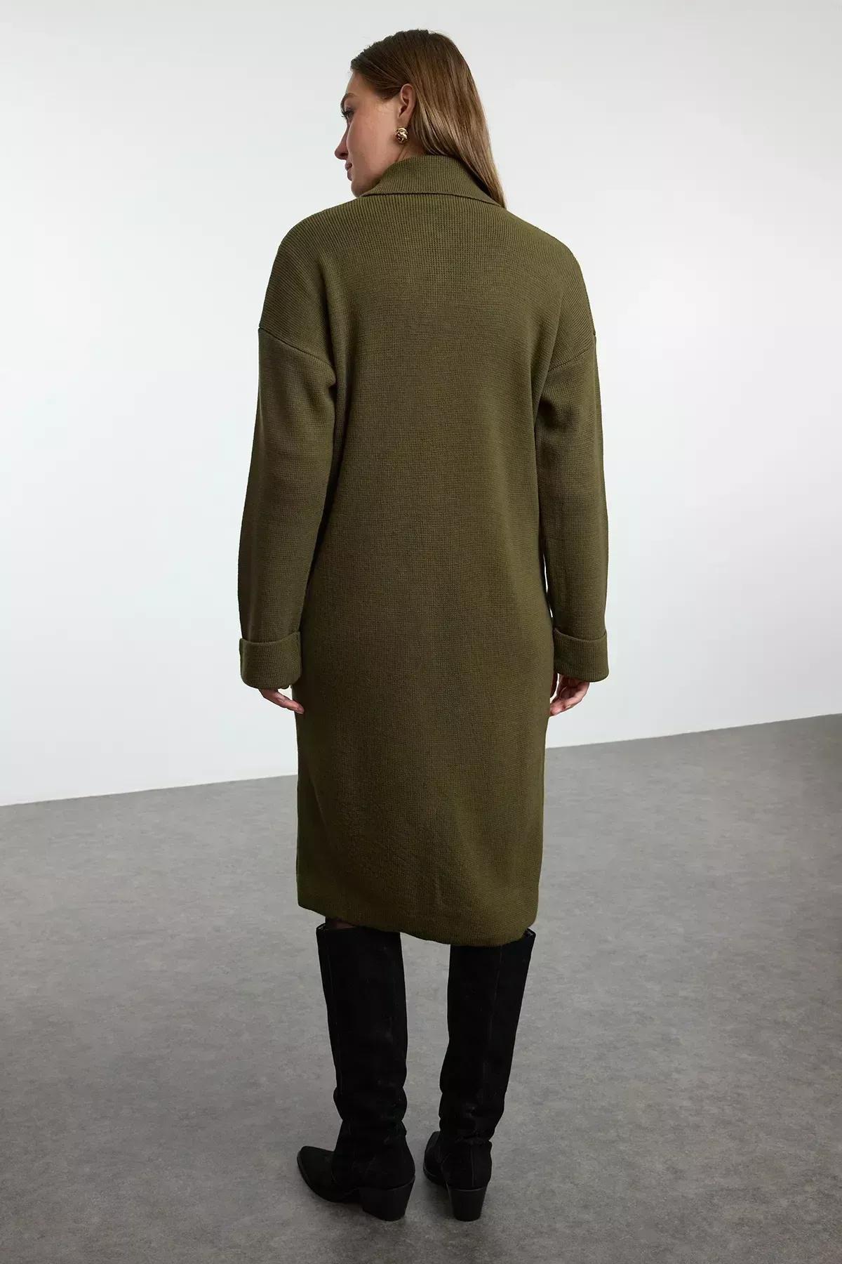 Green Wide Cut Maxi Coat Knitwear Cardigan, Khaki, large image number 4