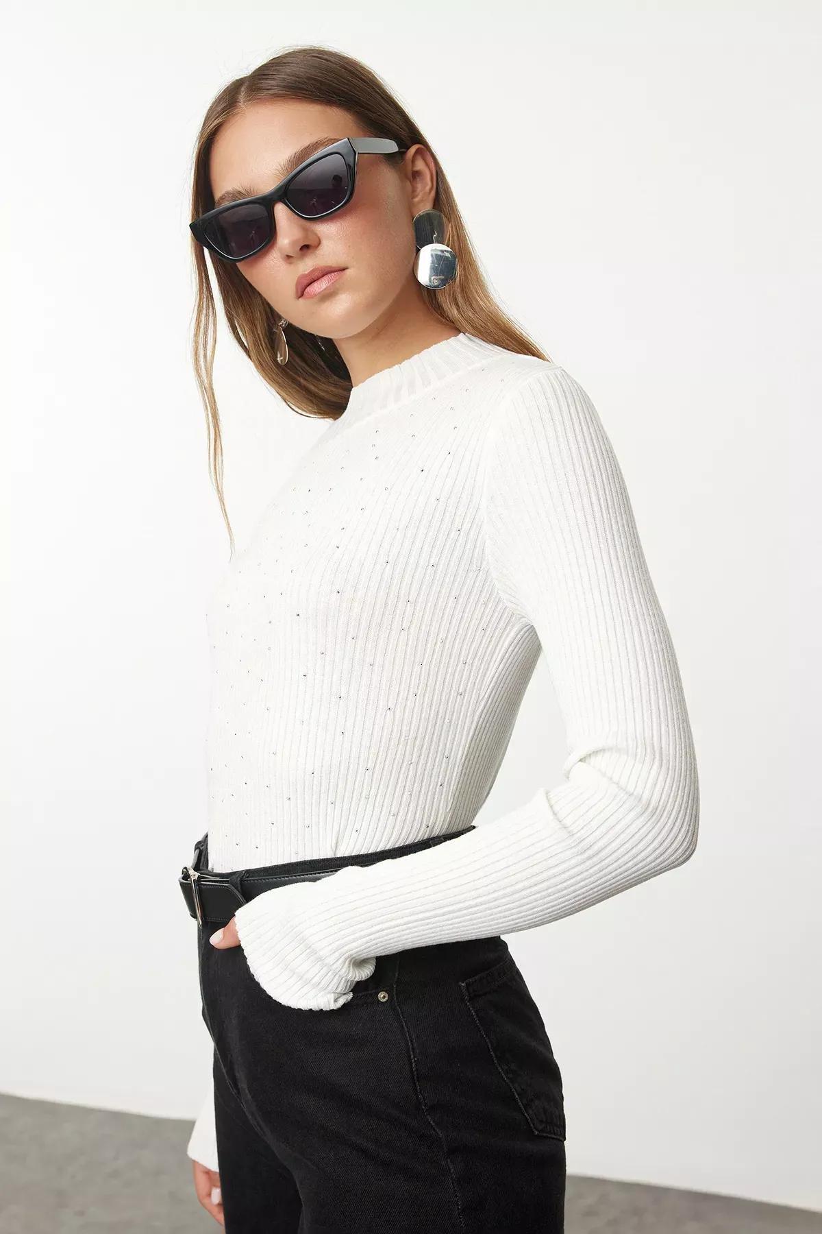Beige Turtleneck Brown Detailed Sweater, , large image number 0