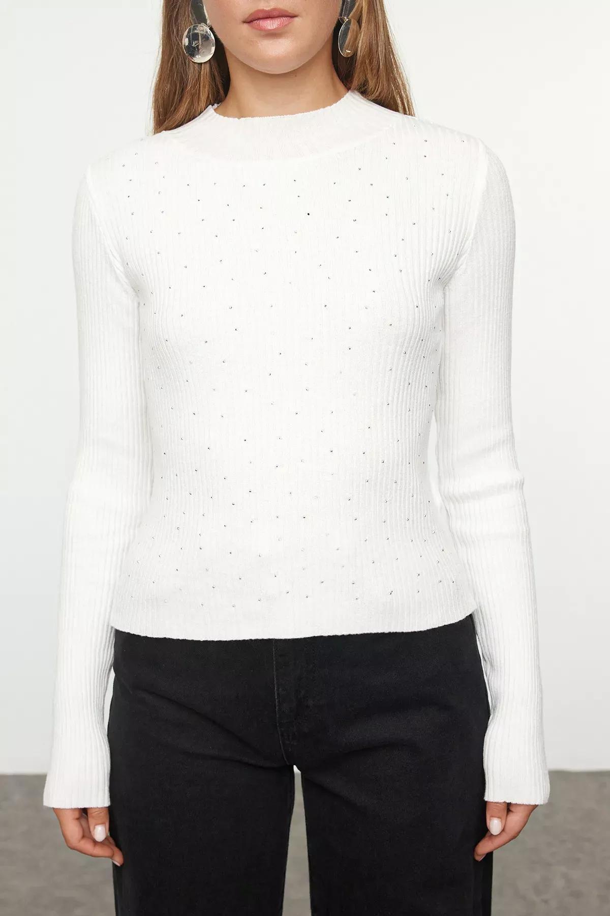 Beige Turtleneck Brown Detailed Sweater, , large image number 2