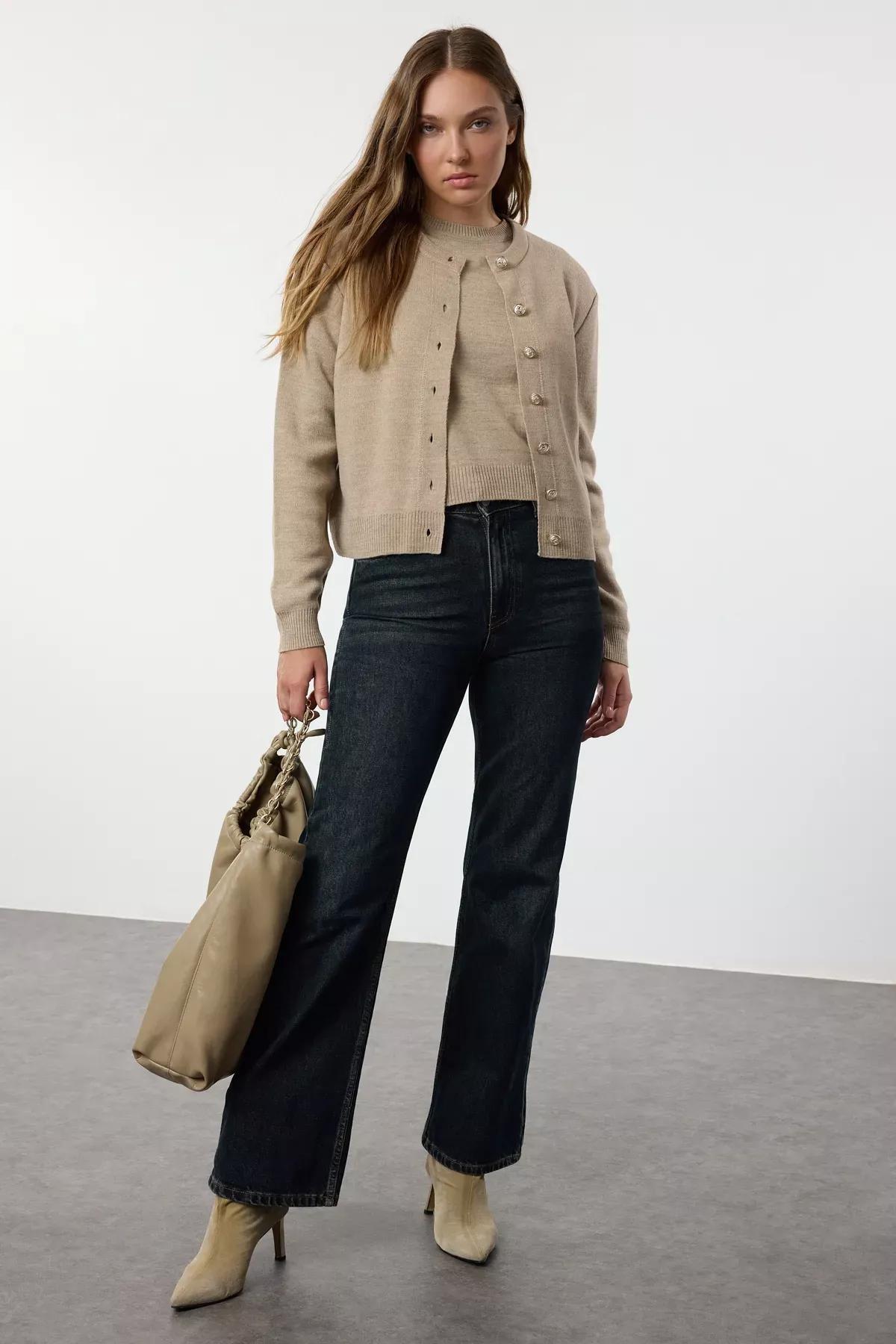 Brown Basic Cardigan Set, STONE, medium