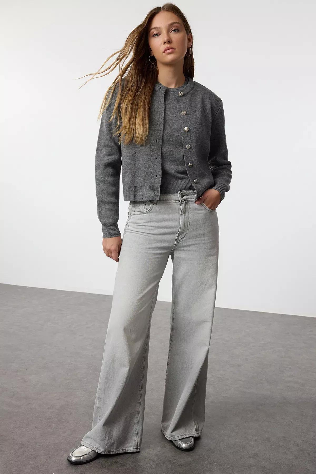 Grey Knit Cardigan-Blouse Combo, Anthracite, medium