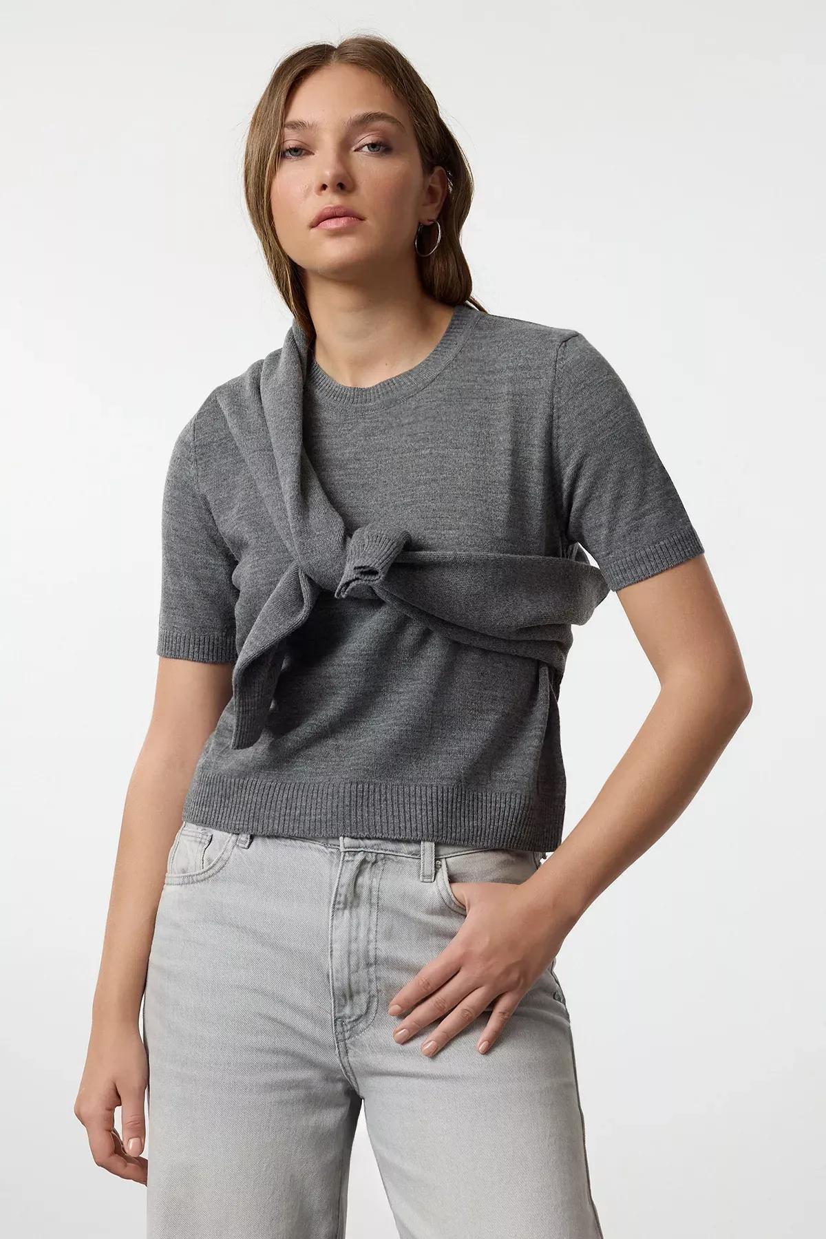 Grey Knit Cardigan-Blouse Combo, Anthracite, medium