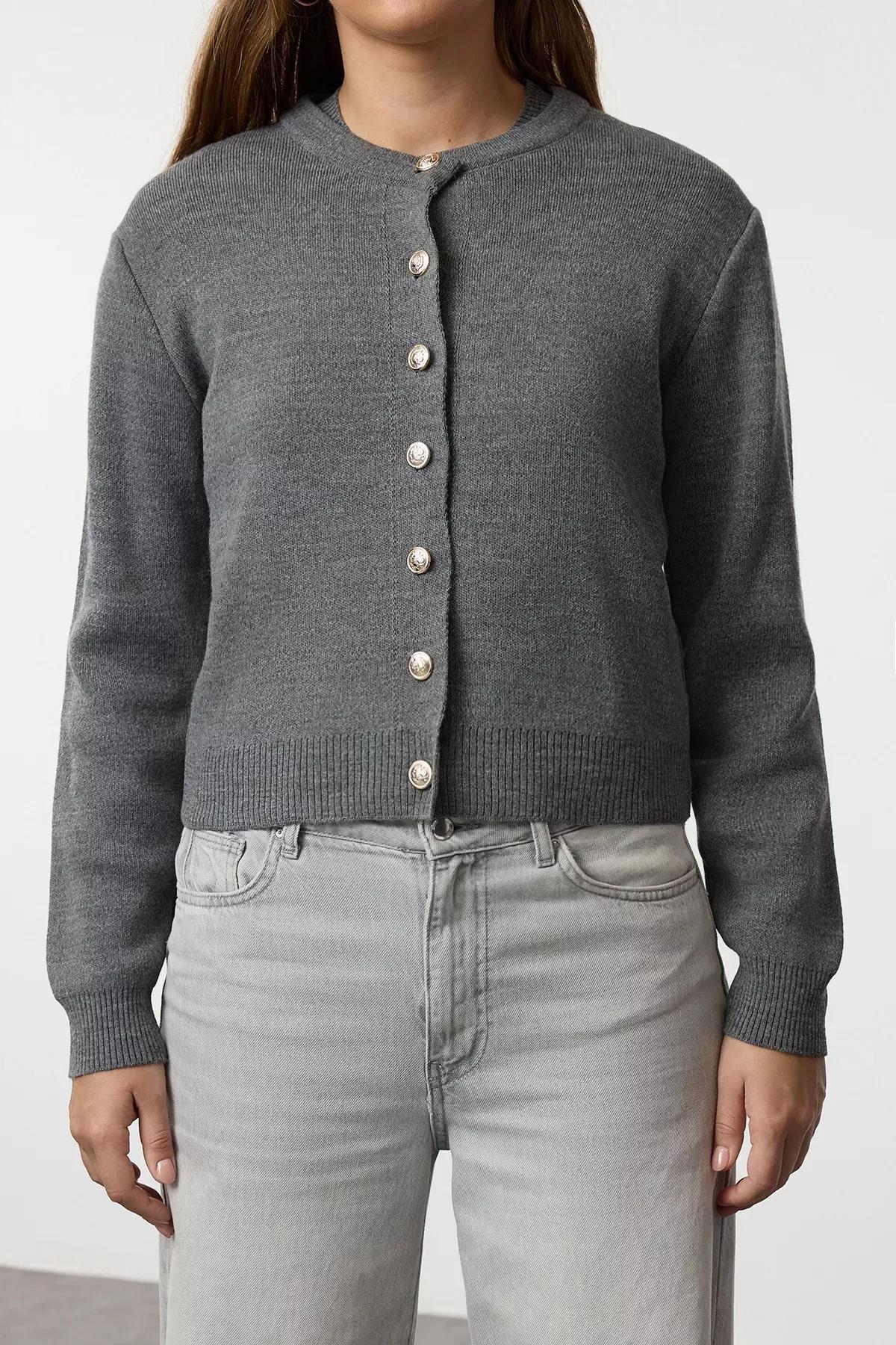 Grey Knit Cardigan-Blouse Combo, Anthracite, medium