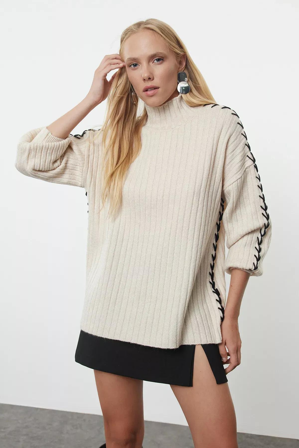 Brown Collar Knitwear Sweater, STONE, medium