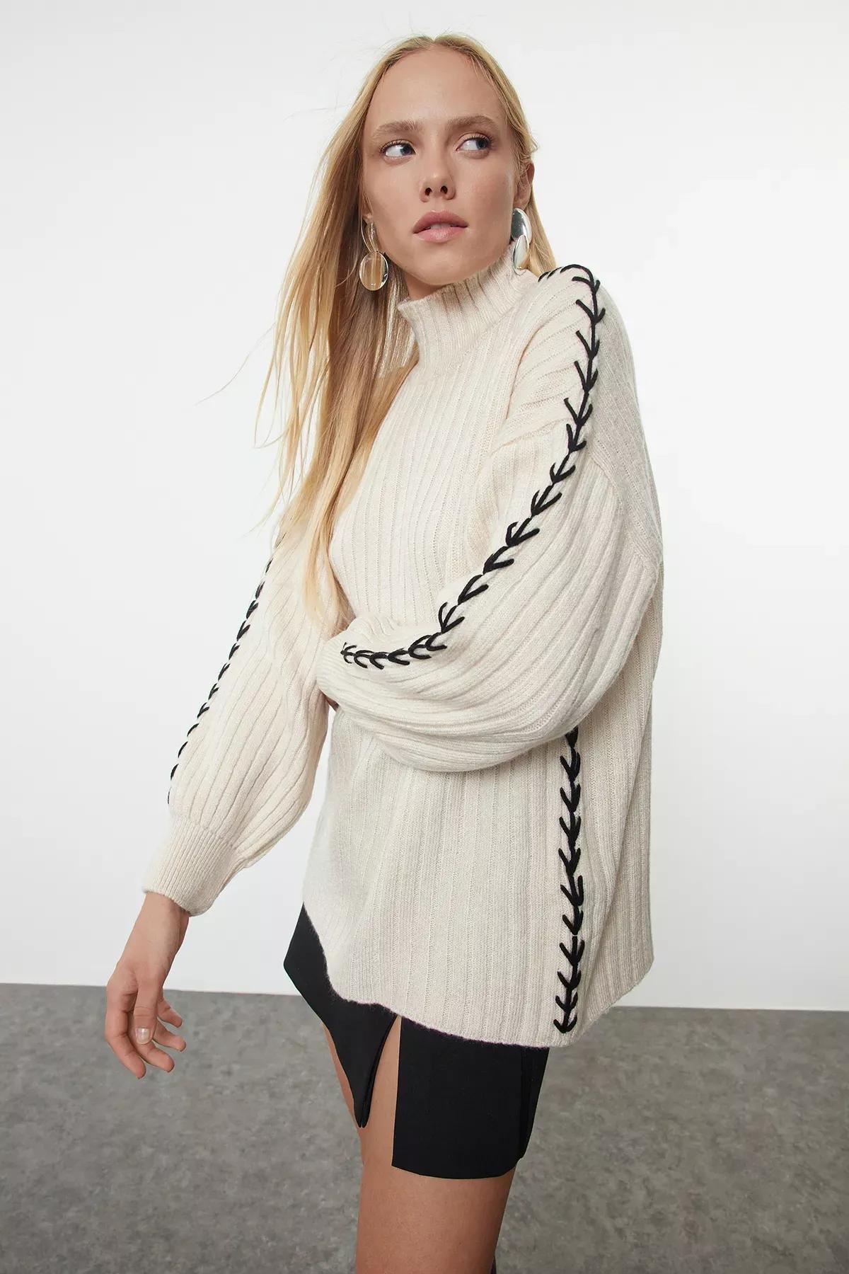 Brown Collar Knitwear Sweater, STONE, medium