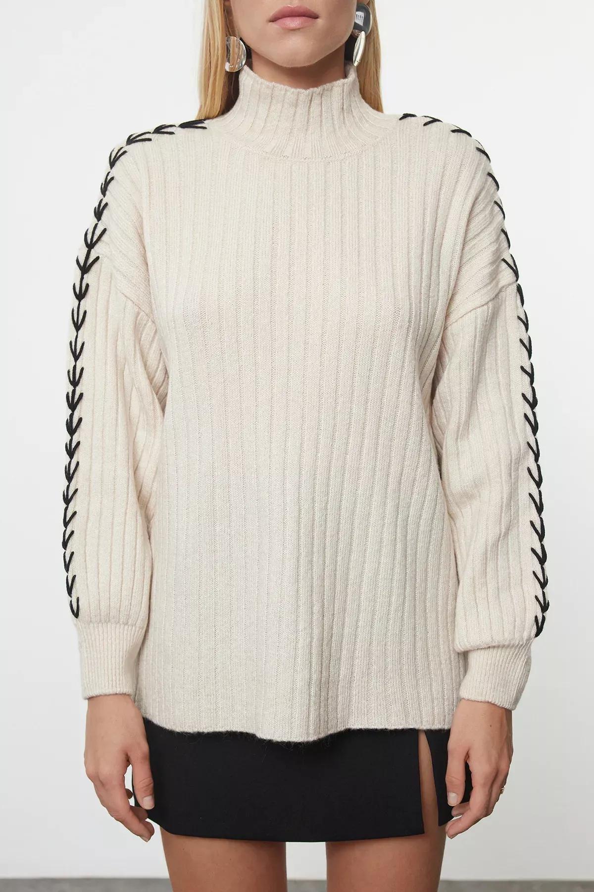 Brown Collar Knitwear Sweater, STONE, medium