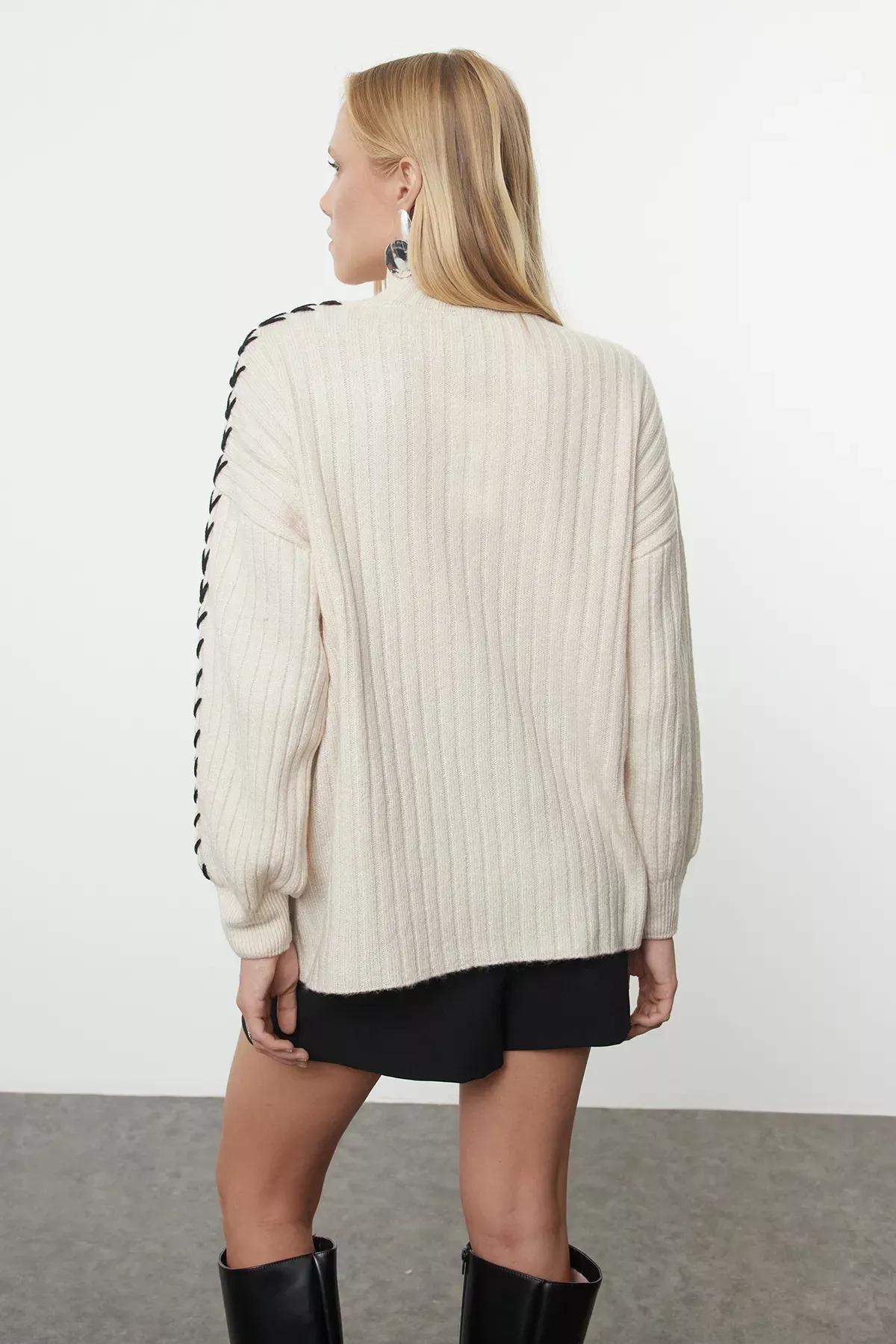 Brown Collar Knitwear Sweater, STONE, large image number 4